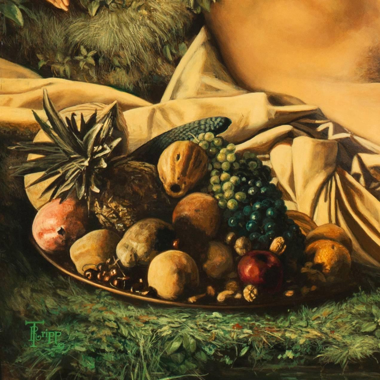 Signed lower left and dated, verso, 1978.

A substantial, figural tempera in the Florentine High Renaissance style showing a seated nude, reclining in a bower and holding a bunch of grapes while gazing candidly towards the viewer. Exceptionally fine