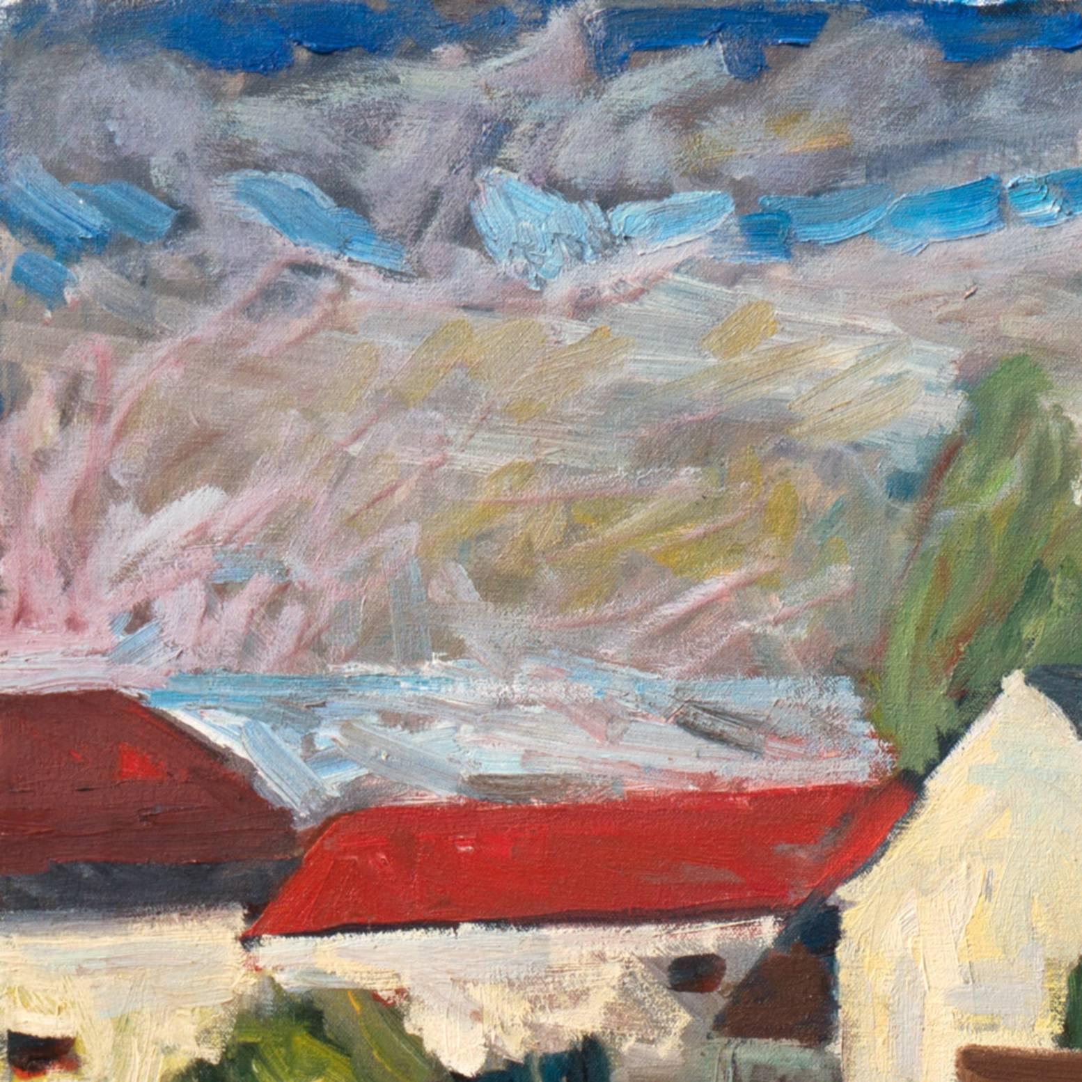 A Post-Impressionist California landscape showing a prospect of the Wilder Ranch estate, north of Santa Cruz, with a view beyond to the Pacific Ocean. 

Signed verso, 'Poplack' for Robert Poplack (American, 20th century), titled 'Wilder Ranch, S.C.'