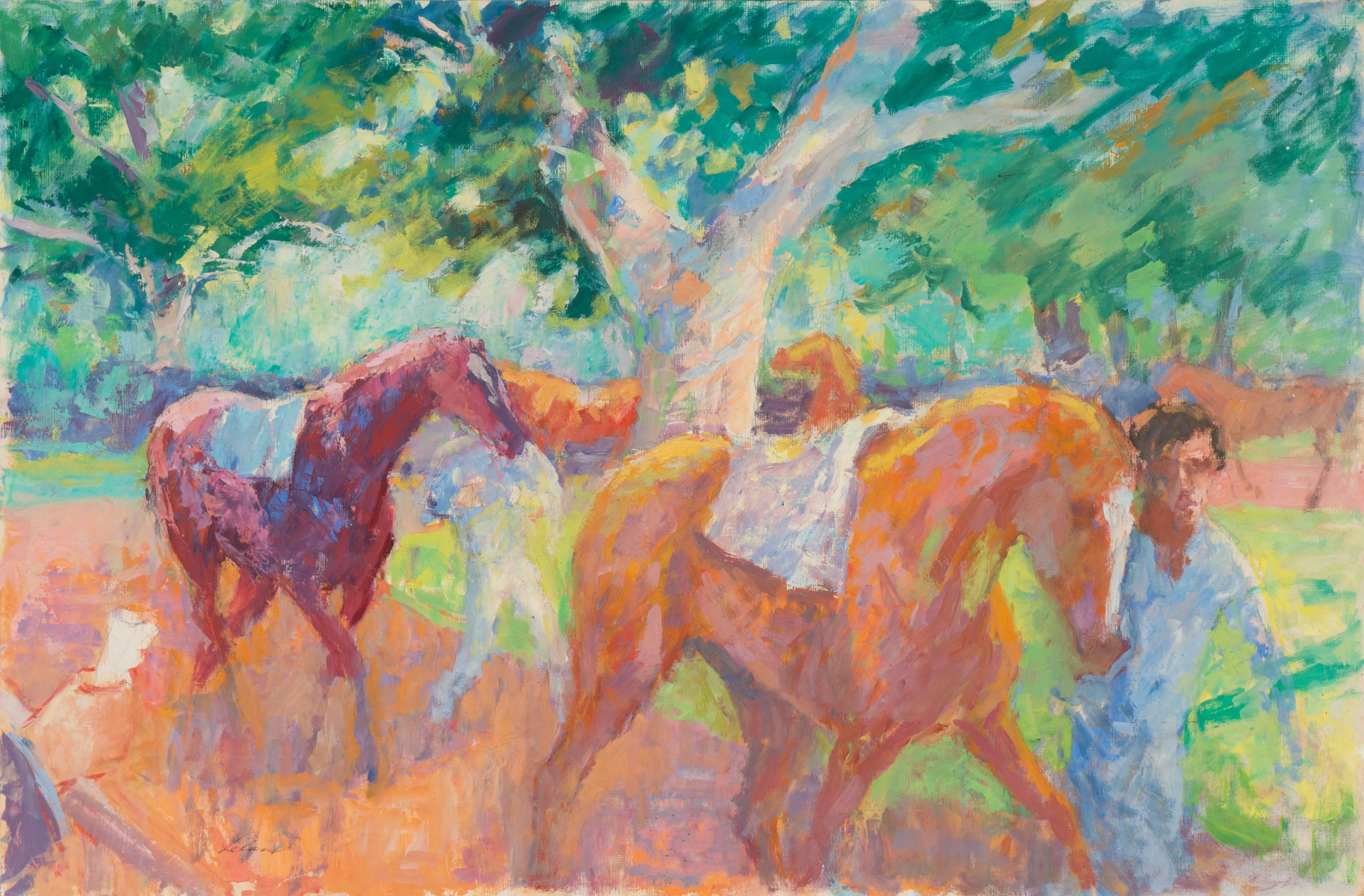 Thad Emory Leland Landscape Painting - 'In the Paddock', Impressionist Equestrian oil, Monterey, California artist