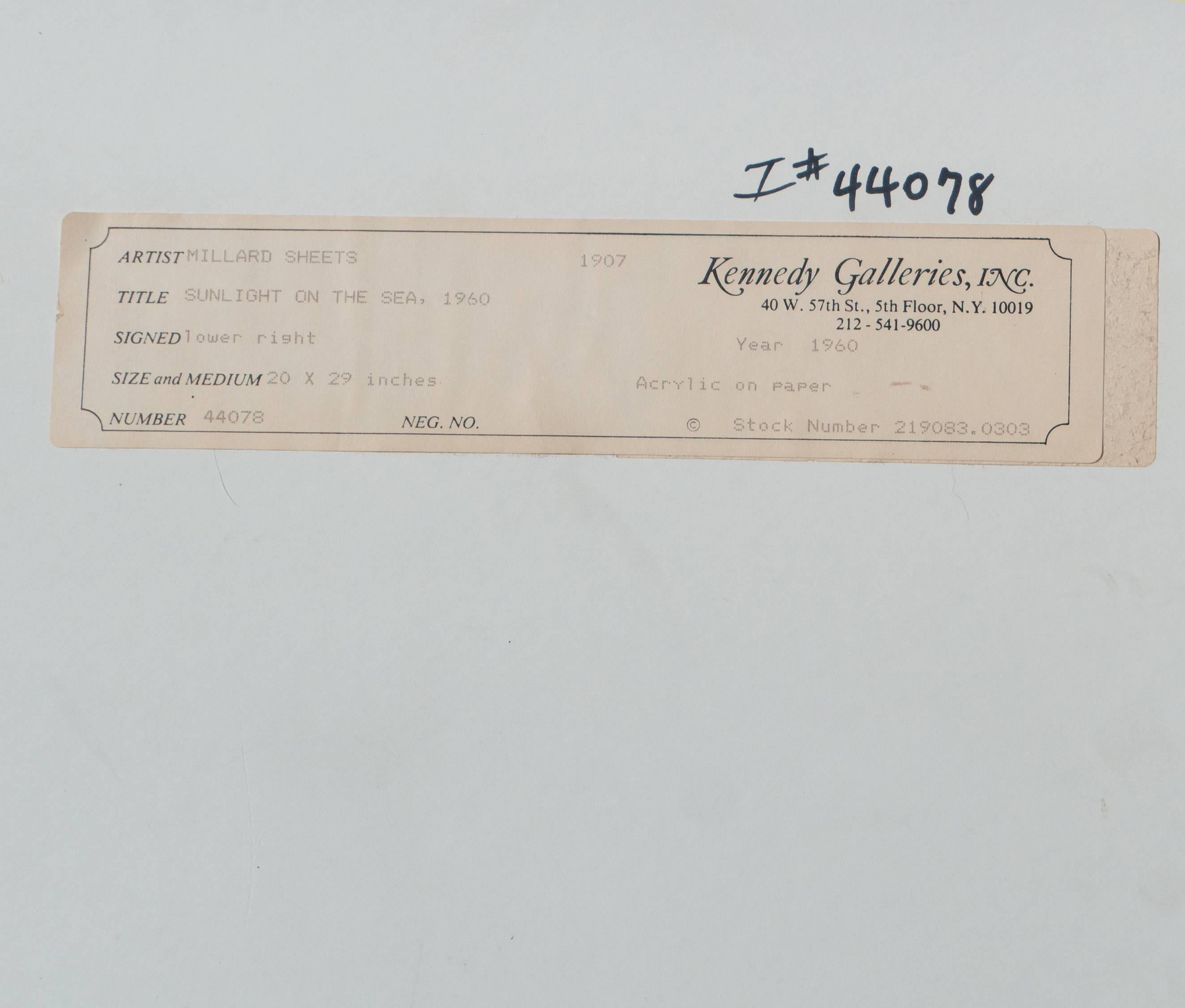 Signed lower right, "Millard Sheets" and dated 1960. 
Provenance: Kennedy Galleries, Inc. New York, NY.  

A lyrically colorist study of Shell Rock on California's dramatic Mendocino coast by this notable American Modernist whose