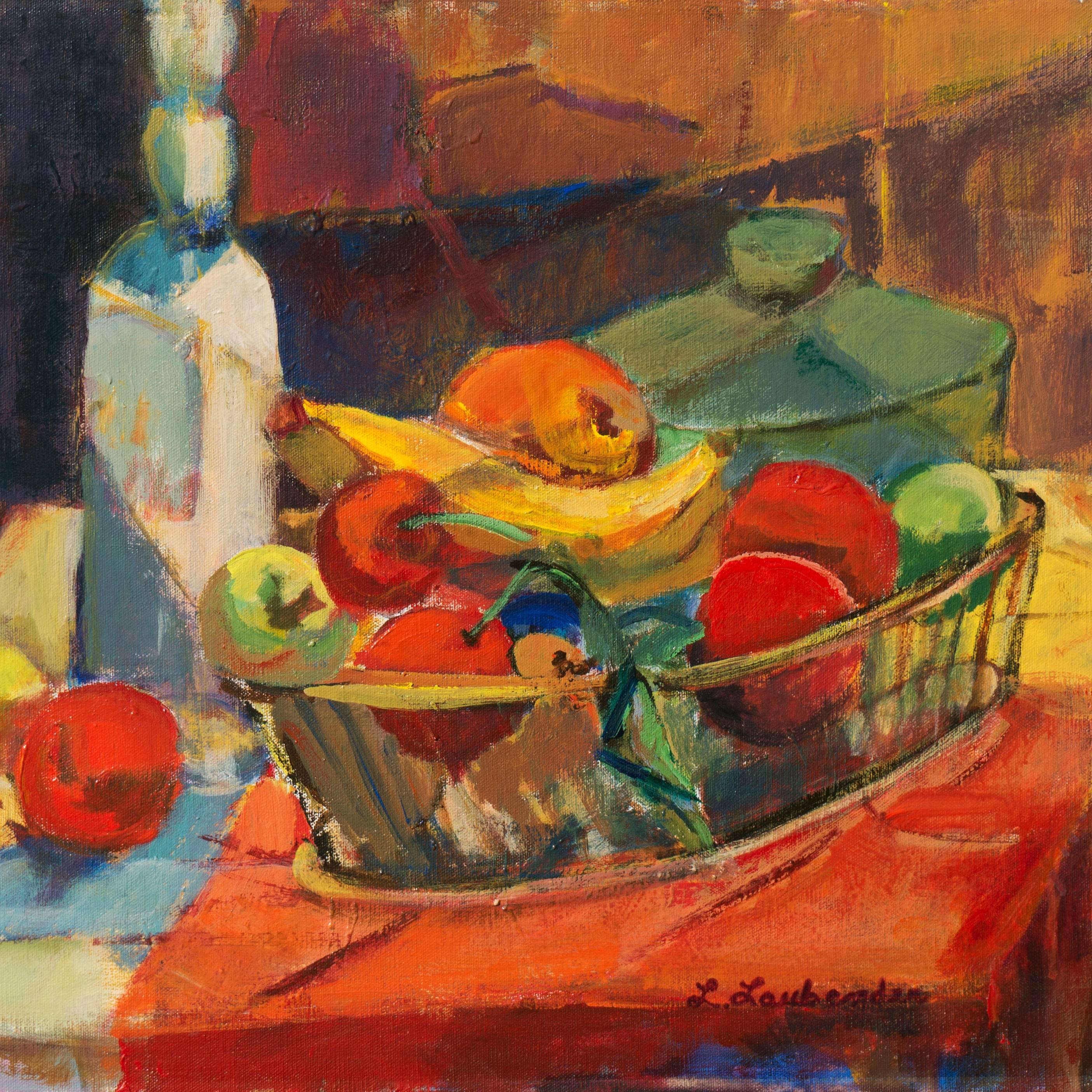 'Still Life With a Basket of Fruit', California Woman Artist - Painting by Lorraine Laubender