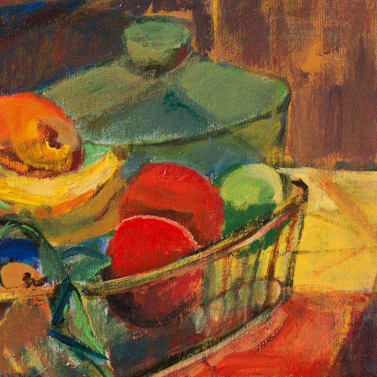 Signed lower right and painted circa 1960. Vintage art exhibition label verso.

A vibrant Modernist still-life by this listed California woman artist.  