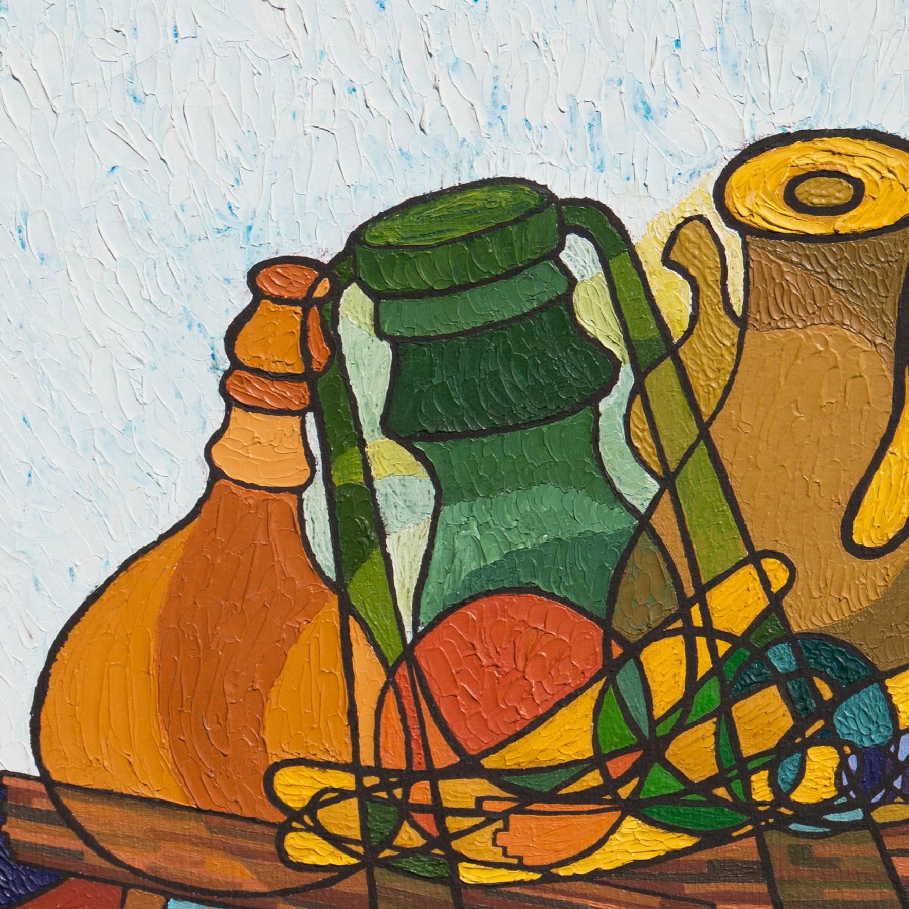 'Still Life with Carafe', Cubist derived, Modernist oil Still Life - Beige Still-Life Painting by R. Levy
