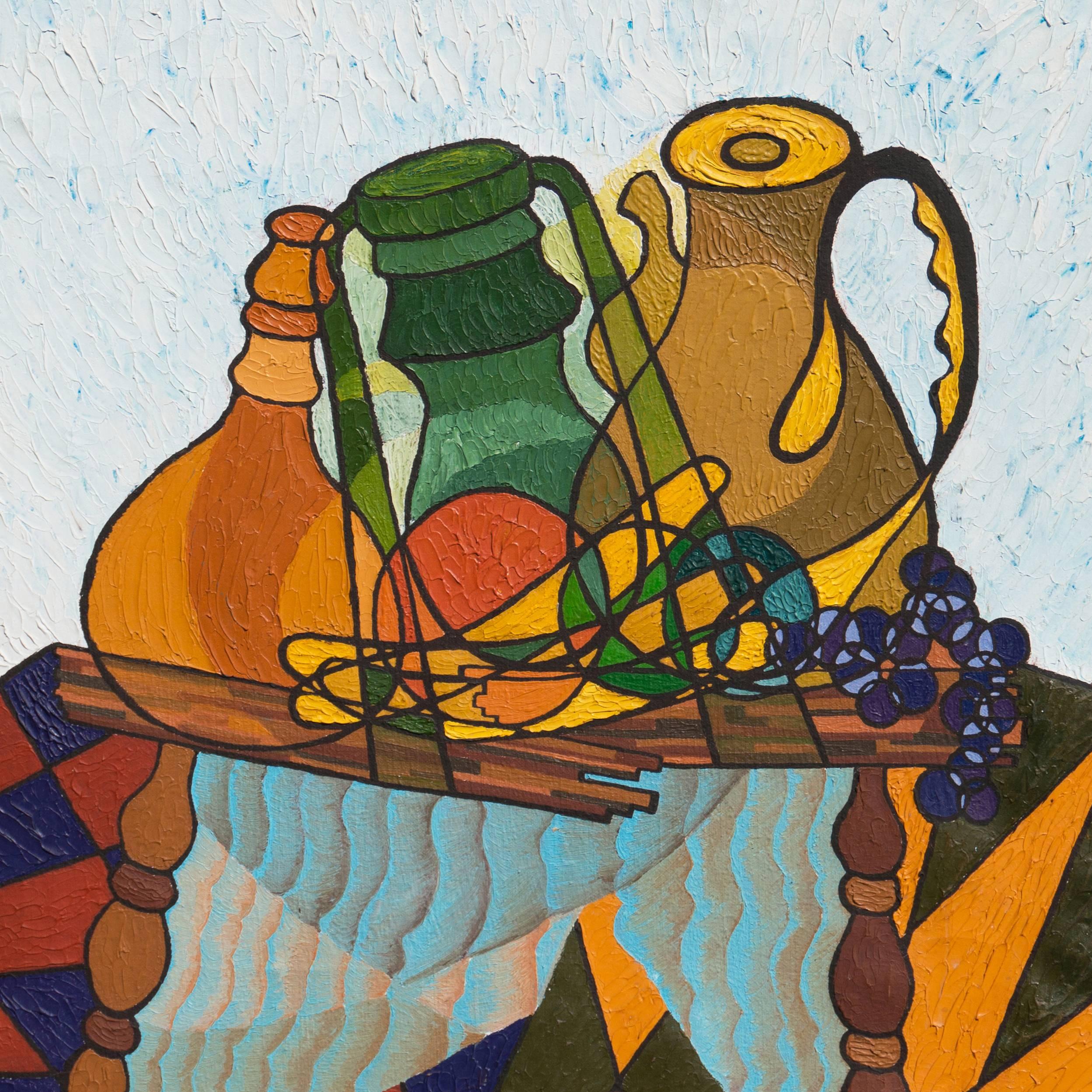 'Still Life with Carafe', Cubist derived, Modernist oil Still Life - Painting by R. Levy