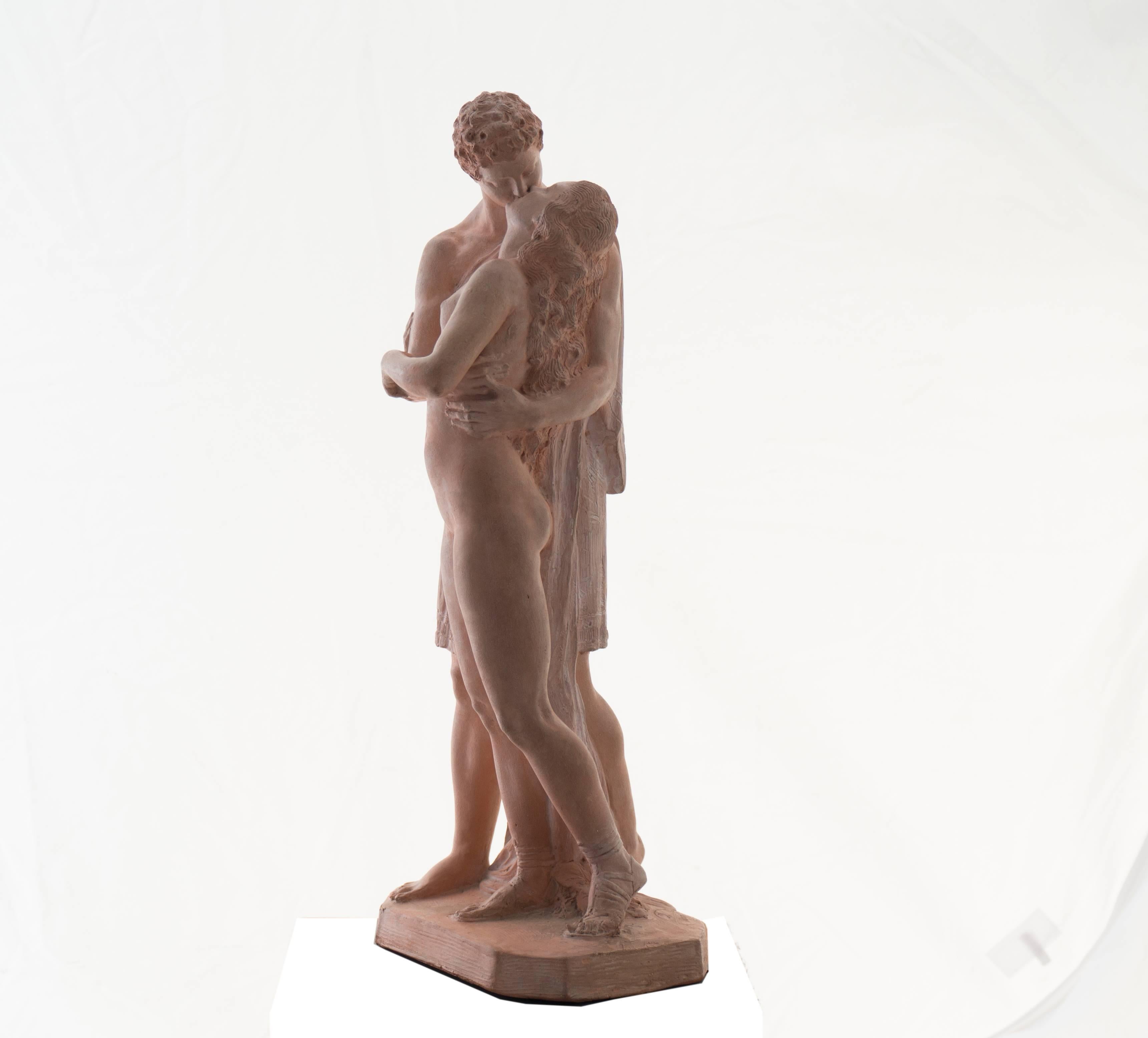 'The Kiss', Neo-classical Terracotta Figurative Statue, Petit Palais, Paris  - Romantic Sculpture by Joseph J Emmanuel Cormier