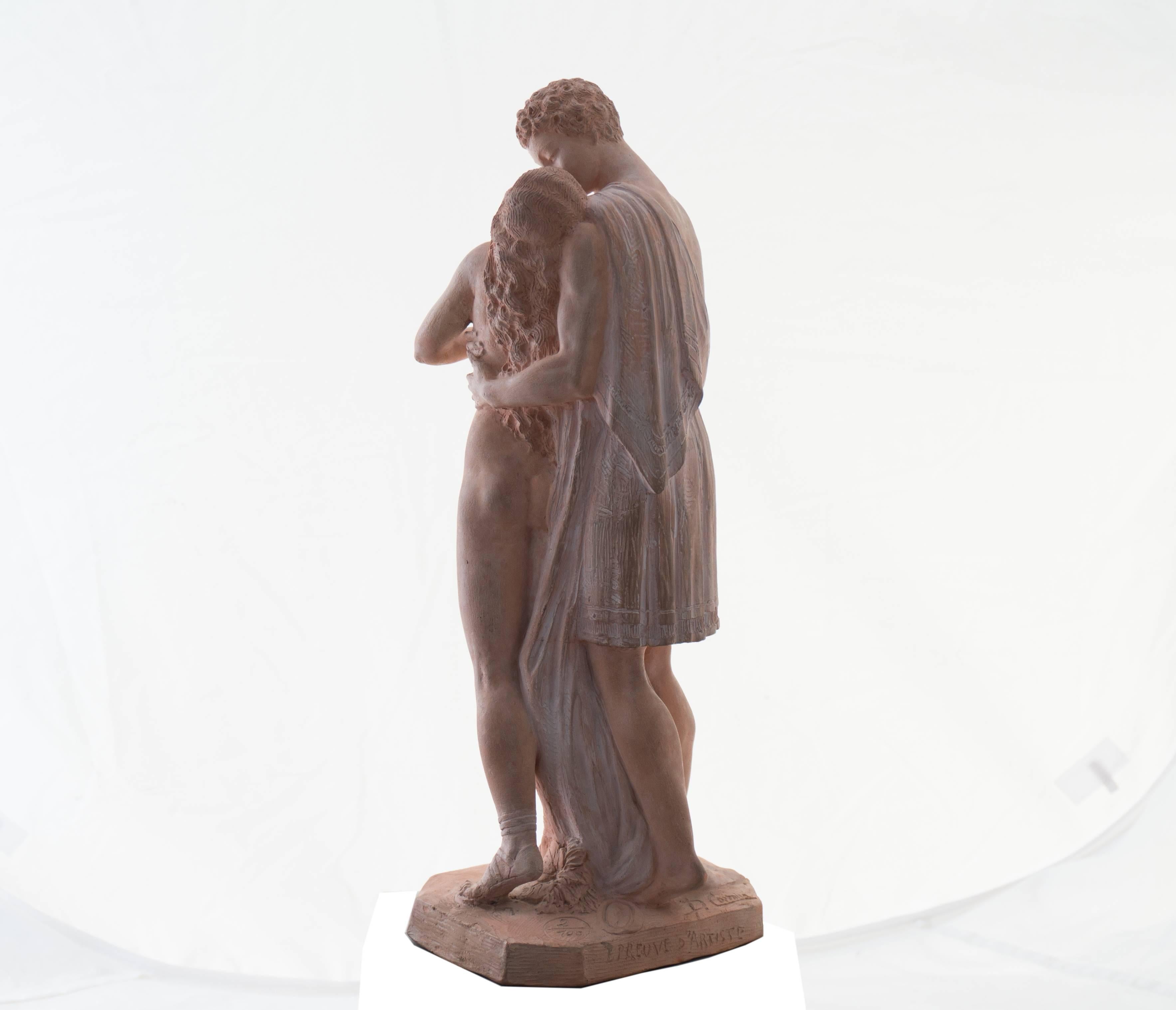 'The Kiss', Neo-classical Terracotta Figurative Statue, Petit Palais, Paris  - Gray Figurative Sculpture by Joseph J Emmanuel Cormier