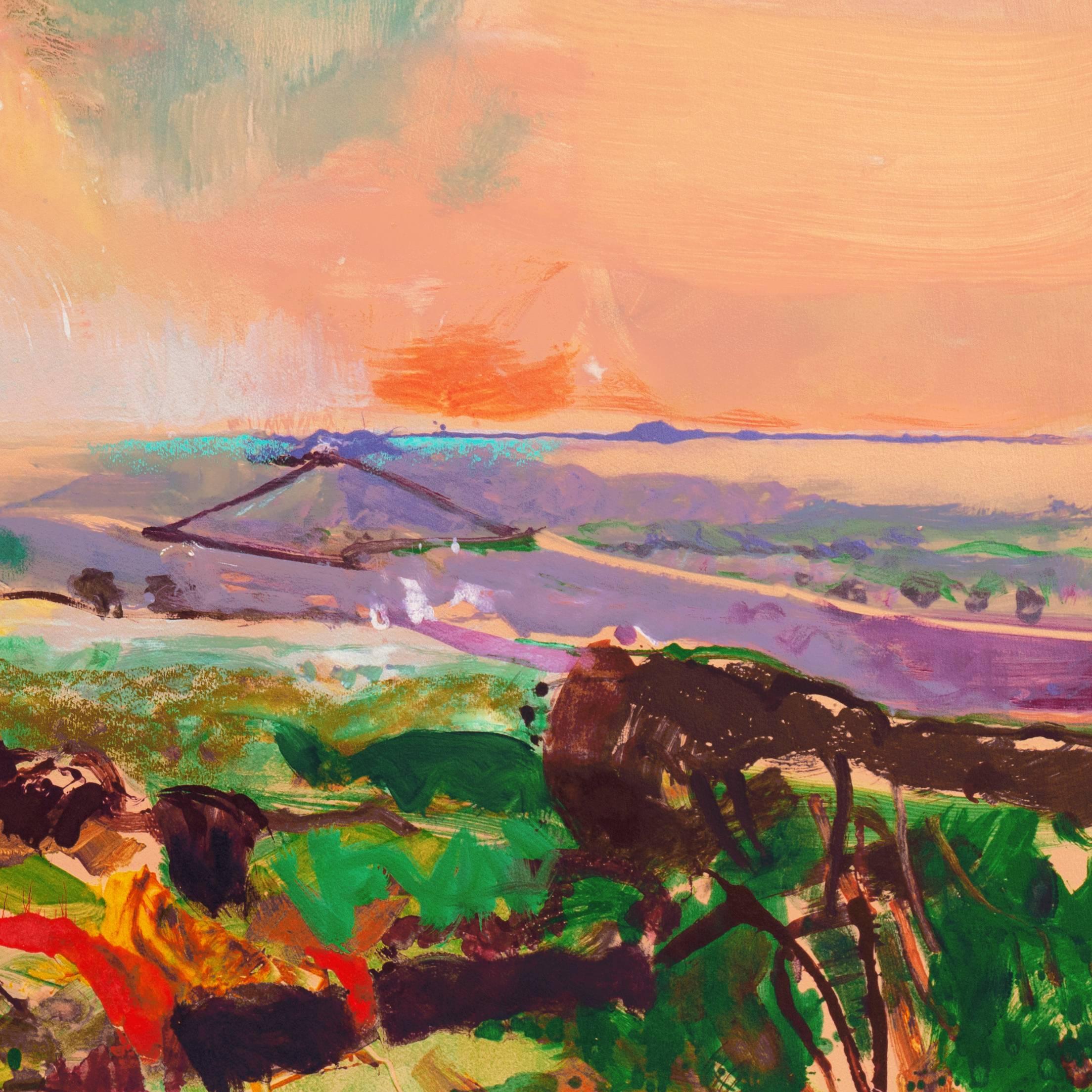 „Monterey bei Sonnenuntergang“, kalifornische postimpressionistische Landschaft (Braun), Landscape Print, von John Maxon