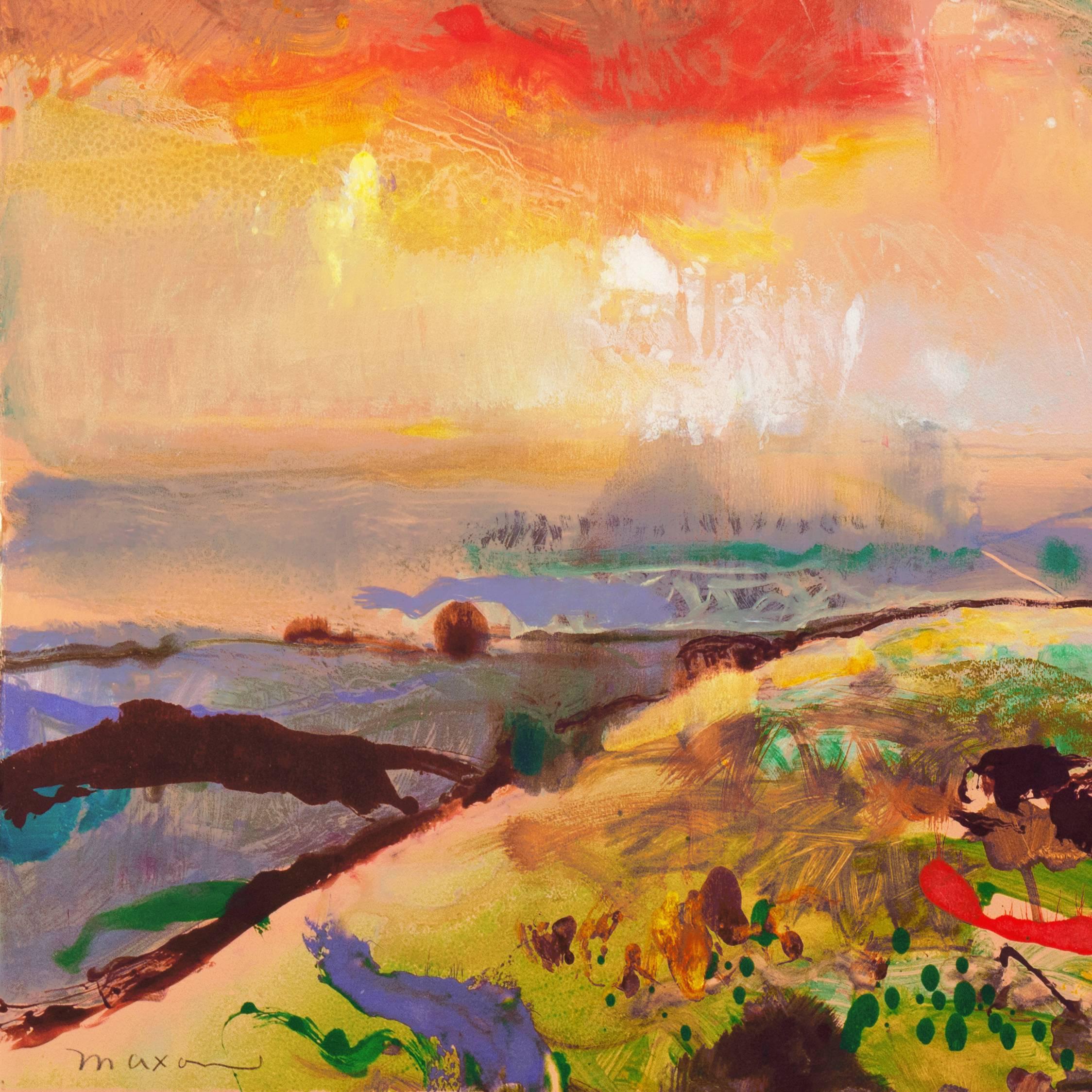 Un paysage monotype de trillium substantiel montrant une vue des champs cultivés et des collines côtières du comté de Monterey, en Californie, baignés dans la lueur d'un coucher de soleil radieux.

Signée en bas à gauche, 