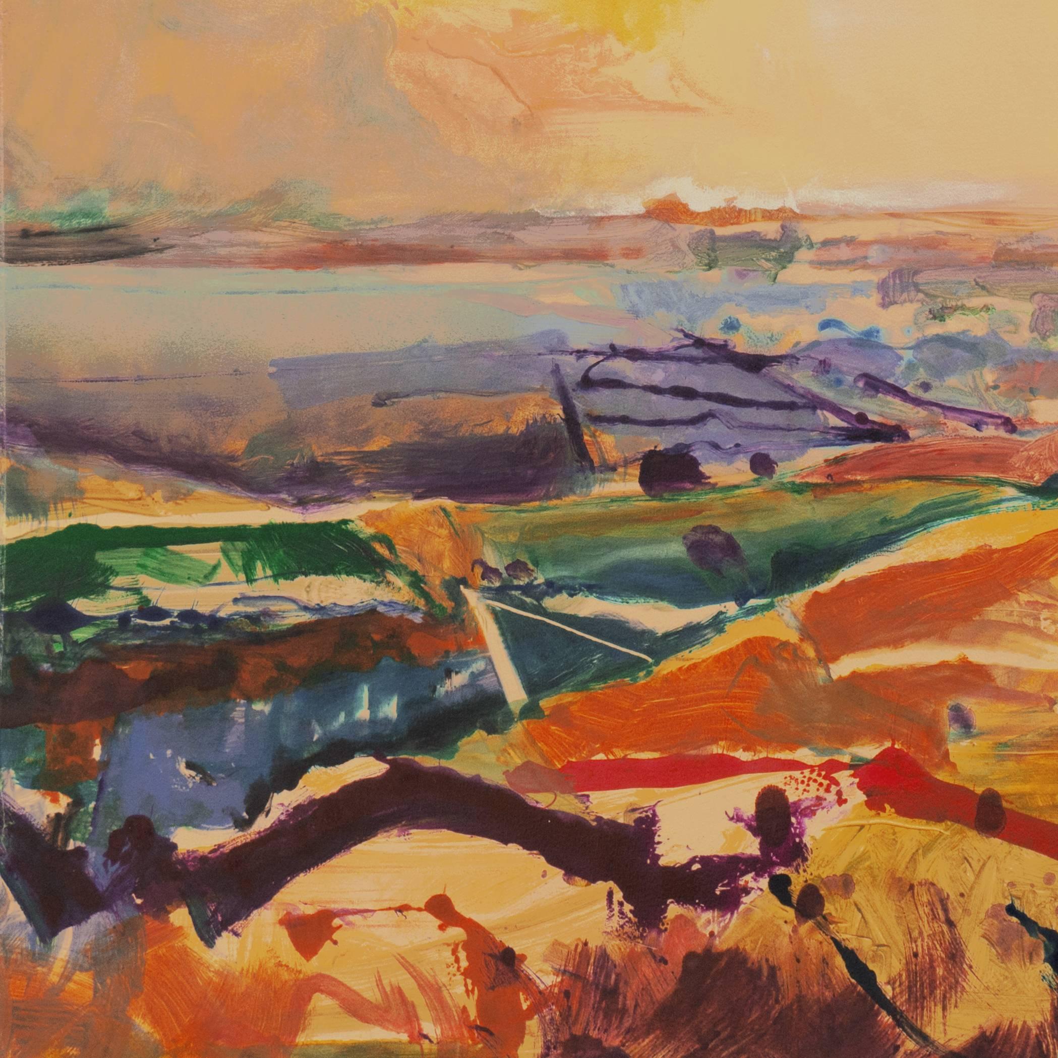 A very large, monotype landscape showing a view of the cultivated fields of Monterey County, California bathed in a radiant sunset light..

Signed lower right, 