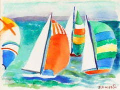 'Spinnakers at Sunset' (Spinnakers at Sunset), Association d'aquarelle de Californie, artiste de Pacific Grove