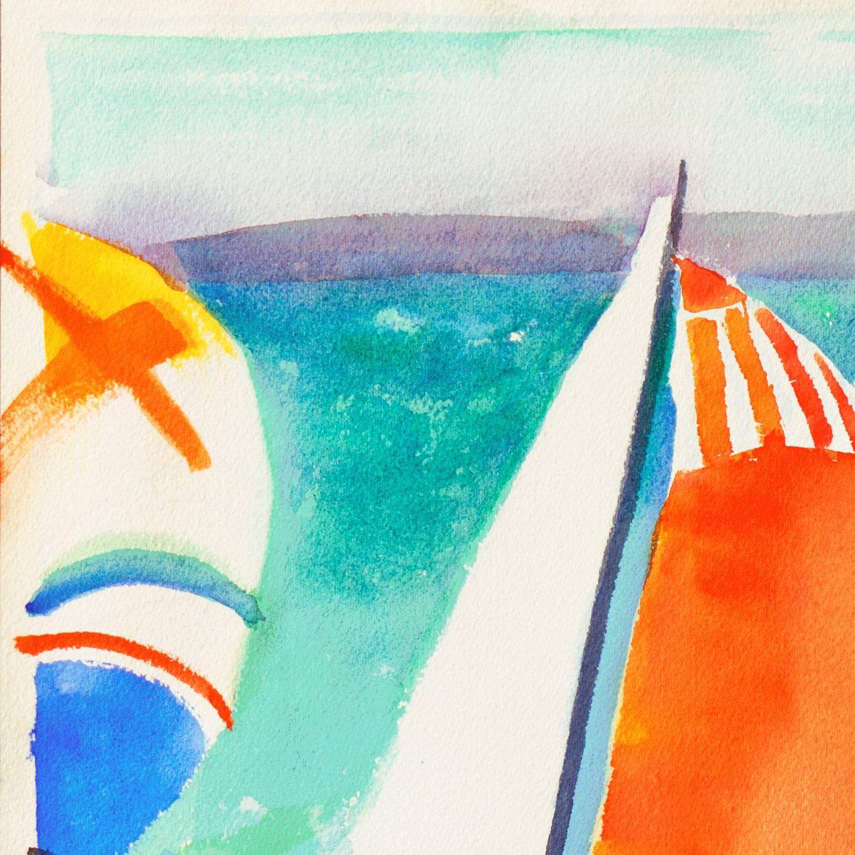 'Spinnakers at Sunset' (Spinnakers at Sunset), Association d'aquarelle de Californie, artiste de Pacific Grove - Art de Lucille Marie Johnston