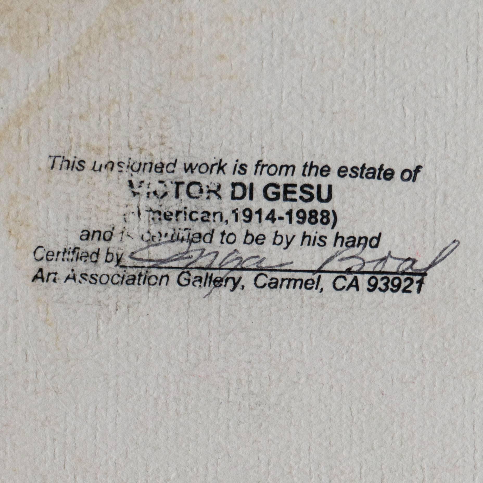 Painted circa 1955 and stamped verso with Victor Di Gesu Estate stamp.

Winner of the Prix Othon Friesz, Victor di Gesu first attended the Los Angeles Art Center and the Chouinard Art School before moving to Paris where he studied with Andre L’Hote
