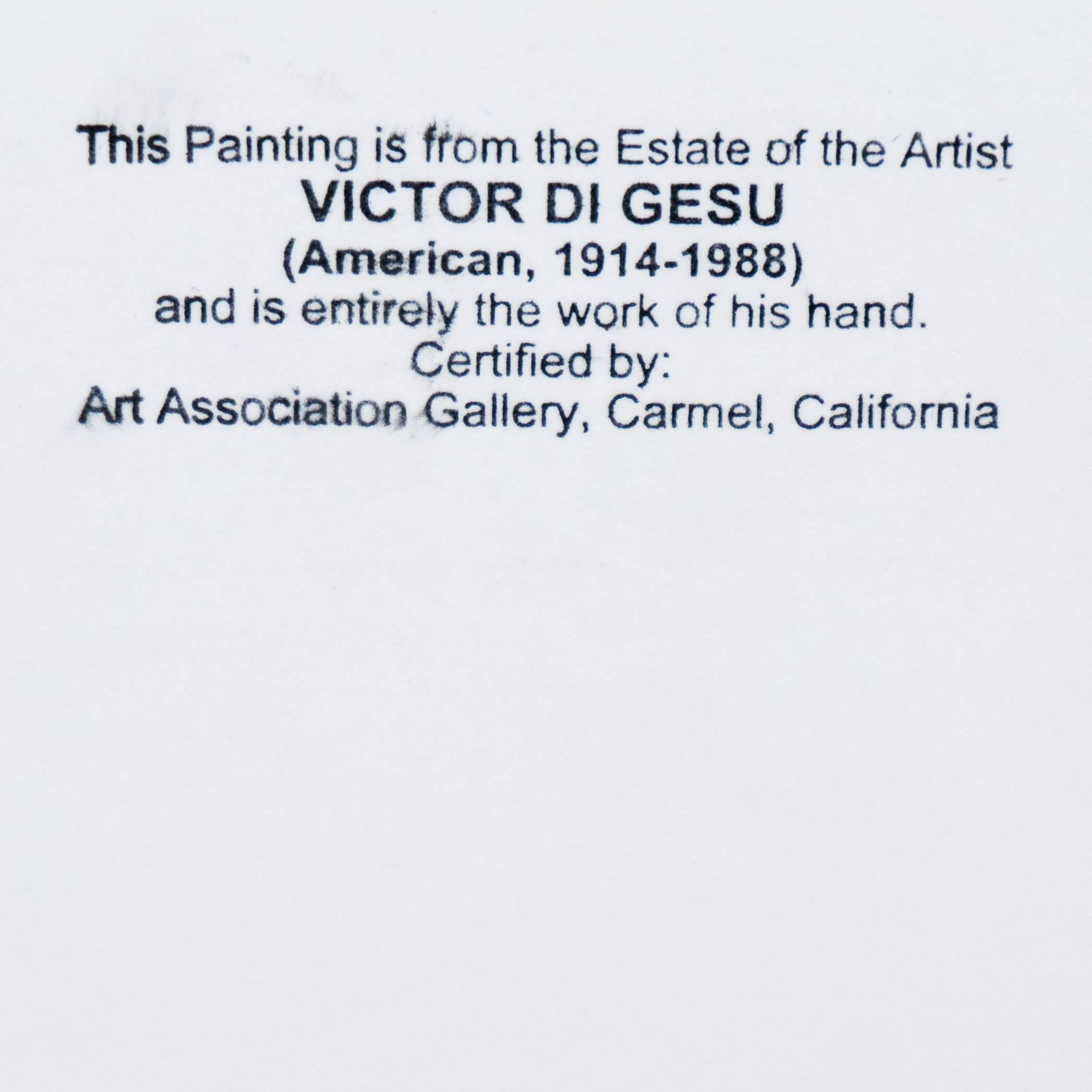 Painted circa 1955 by Victor Di Gesu, (American, 1914-1988) and stamped verso with Victor Di Gesu Estate stamp.

Winner of the Prix Othon Friesz, Victor di Gesu first attended the Los Angeles Art Center and the Chouinard Art School before moving to