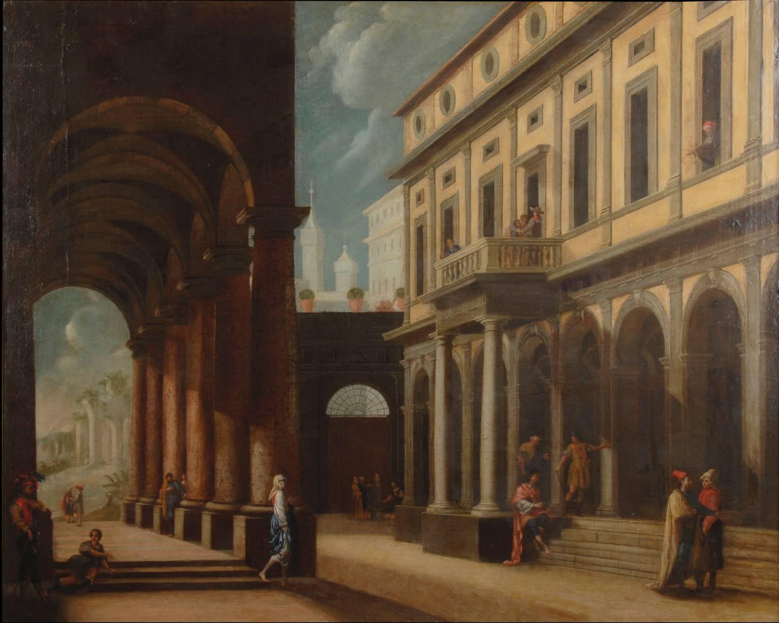 Unknown Figurative Painting - Figures in an architectural capriccio