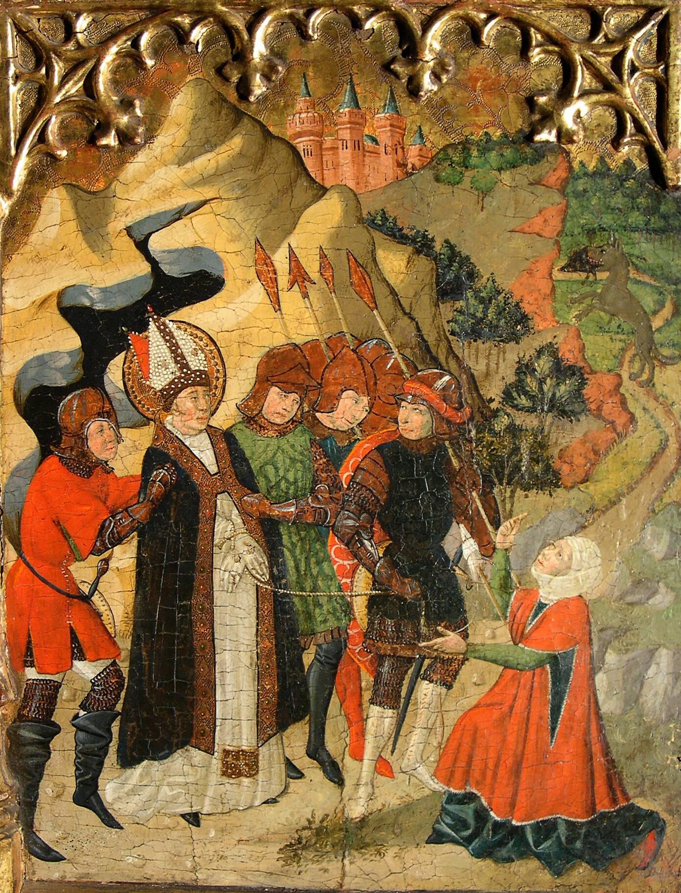 Scenes from Saint Blas’s life (side streets from an altarpiece) - Brown Figurative Painting by The Riglos Master