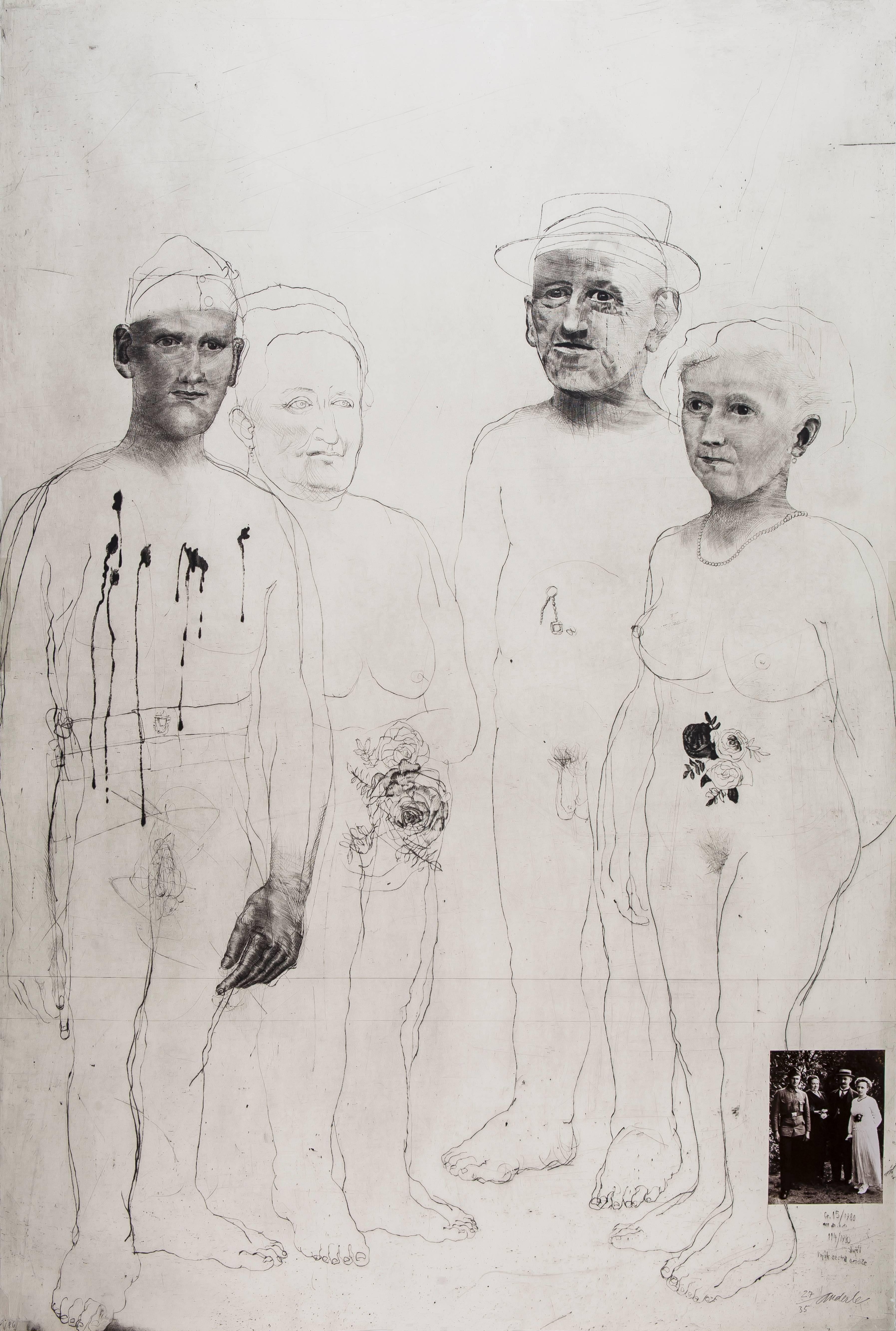 Jirí Anderle Figurative Print - Soldier, Mother and Grandparents (Cycle: Illusion and Reality)