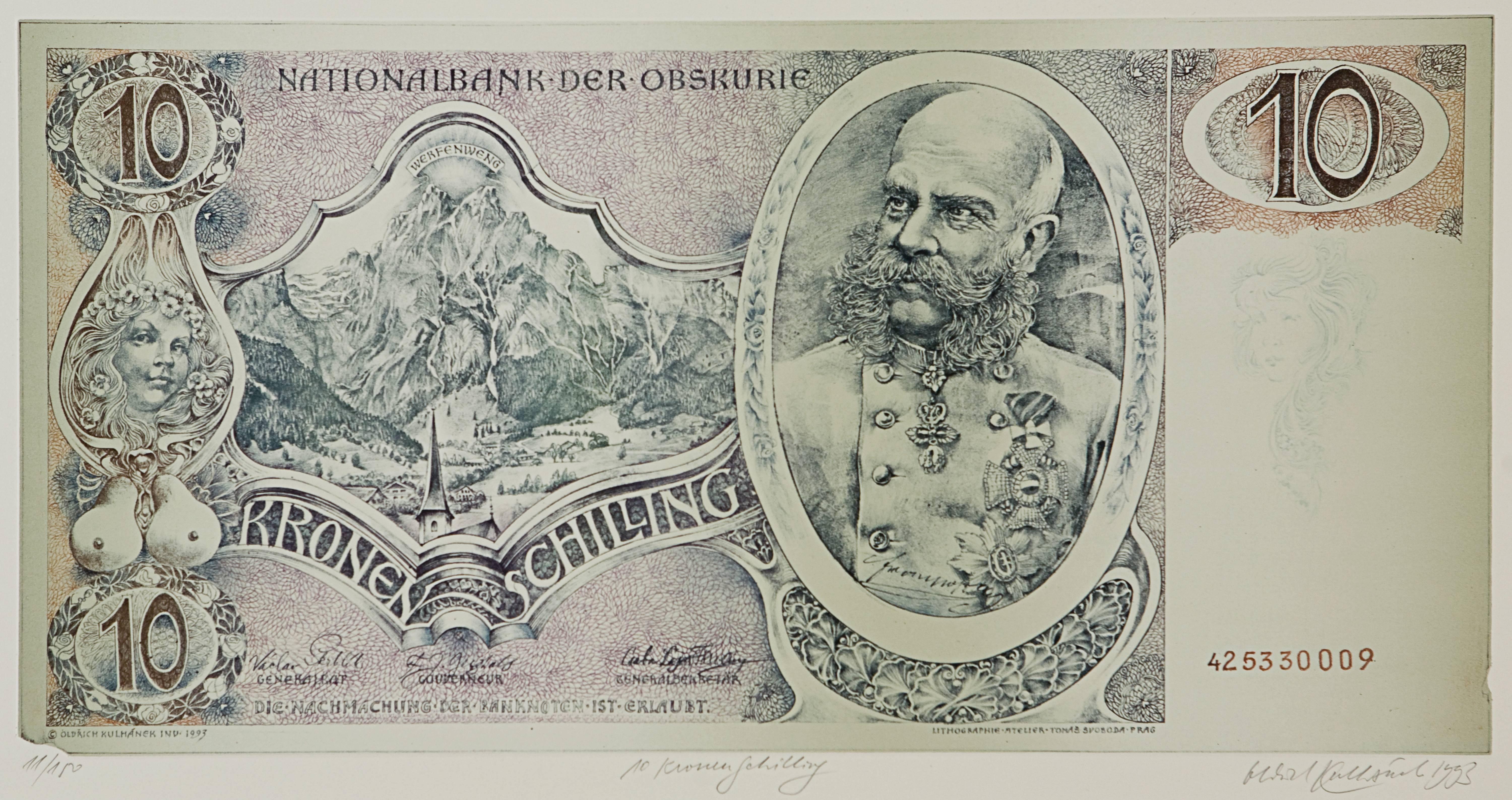 Oldrich Kulhánek Figurative Print - 10 Kroner Schillings  (Funny Money Series)	