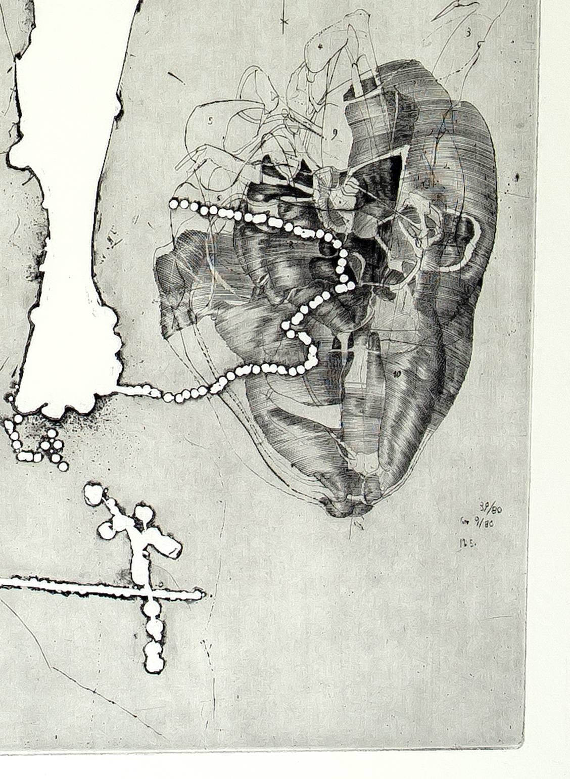 Portrait of Anne Baruch with images of double skulls, heart and stone fruit half split, making references to her husband, Jacques, who suffered from a heart condition.  Notable for the unorthodox but extremely innovative use of the mezzotint rocker