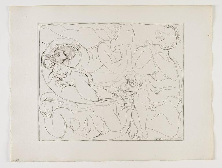 Pablo Picasso Figurative Print - 'Flûtiste et trois Femmes nues' from the 'Suite Vollard'