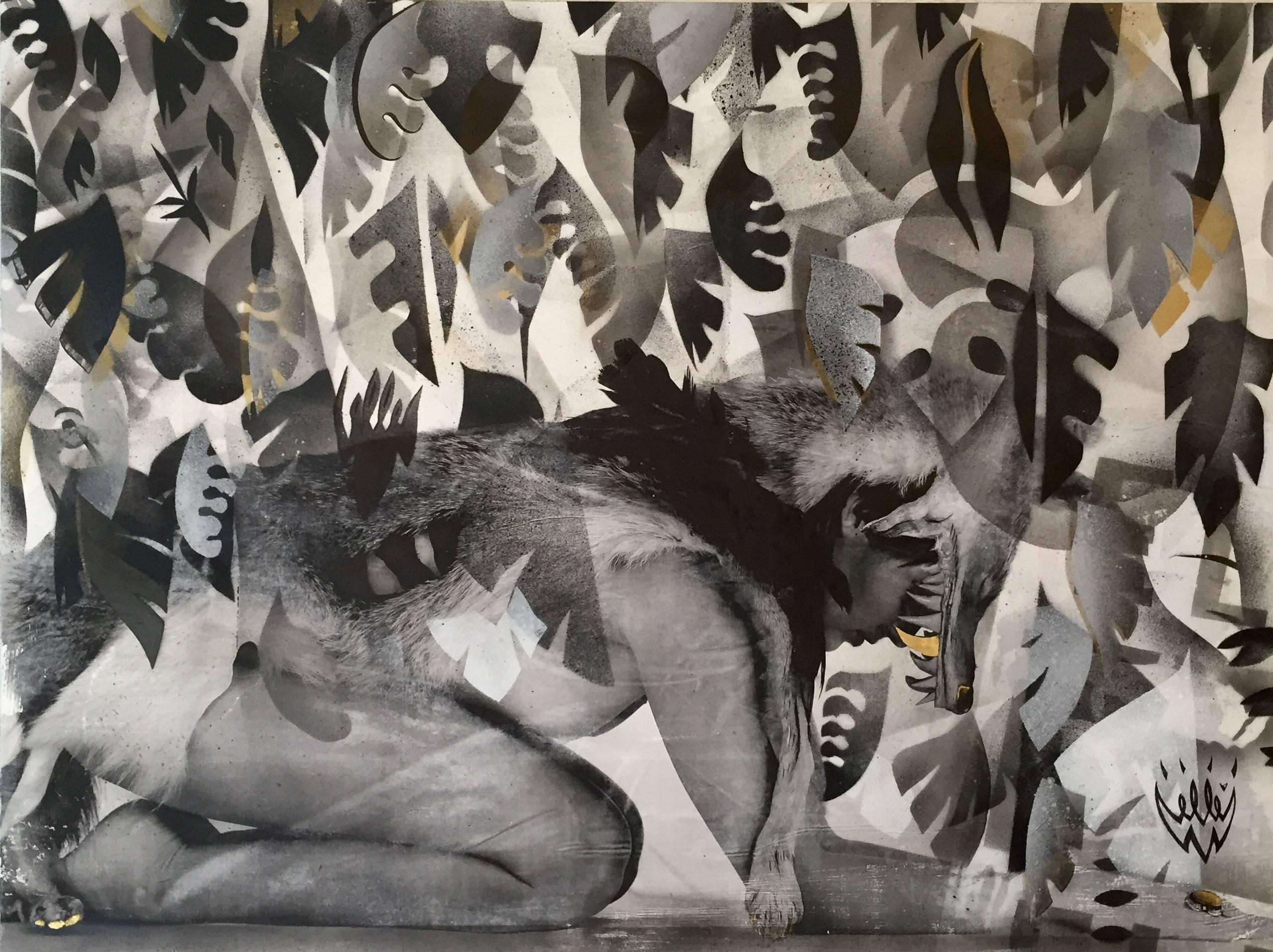 ELLE Portrait Painting - Coyote in Abstract Jungle
