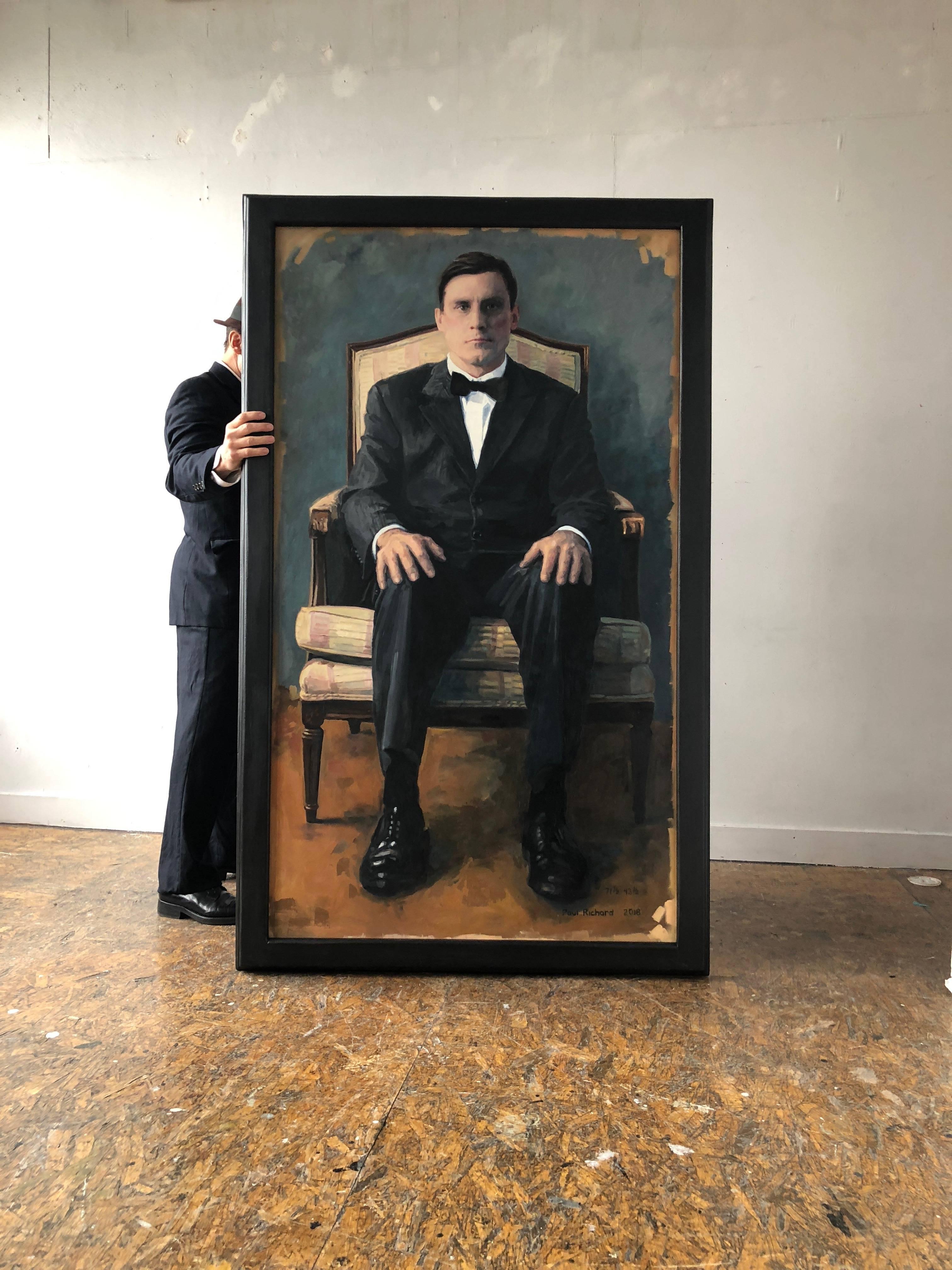 painting of man sitting in chair