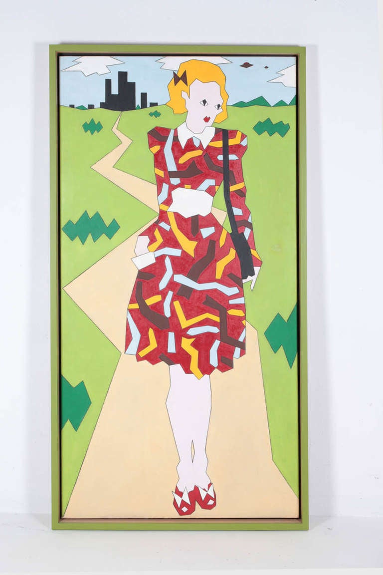 DUGGIE FIELDS (1945-) London, UK 

“Girl with Shoulder Bag” 1970 

Oil on linen, custom wood and green lacquer Shadow box frame 

Marks: “Girl with Shoulder Bag”, Winter 1970 (Dougie Field) 

Canvas: H: 72” x W: 36” 
Framed: H: 74 1/2