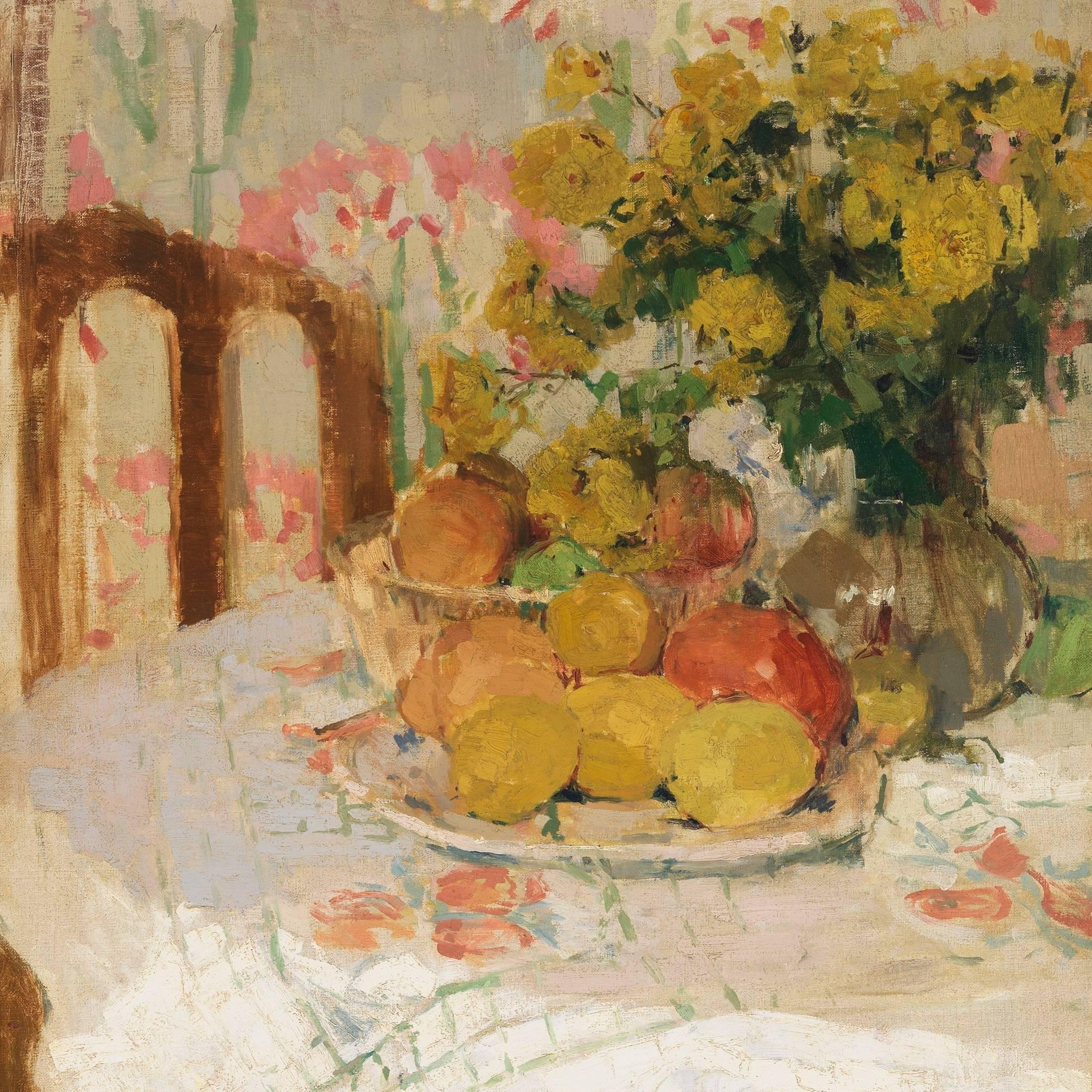 Still-Life Painting Henriette Amiard Oberteuffer - Nature morte avec fruits et fleurs