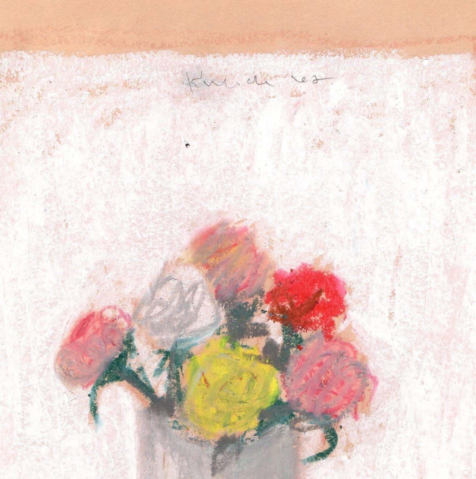 Red, Pink, Yellow, and White Flowers in a Vase Against a White Background - American Modern Art by Robert Kulicke