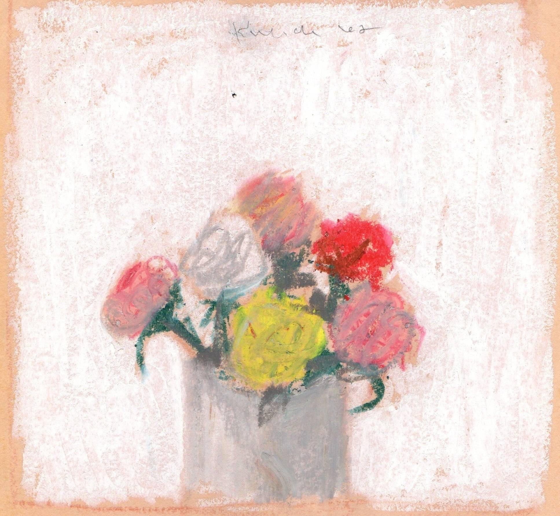 Red, Pink, Yellow, and White Flowers in a Vase Against a White Background - Art by Robert Kulicke