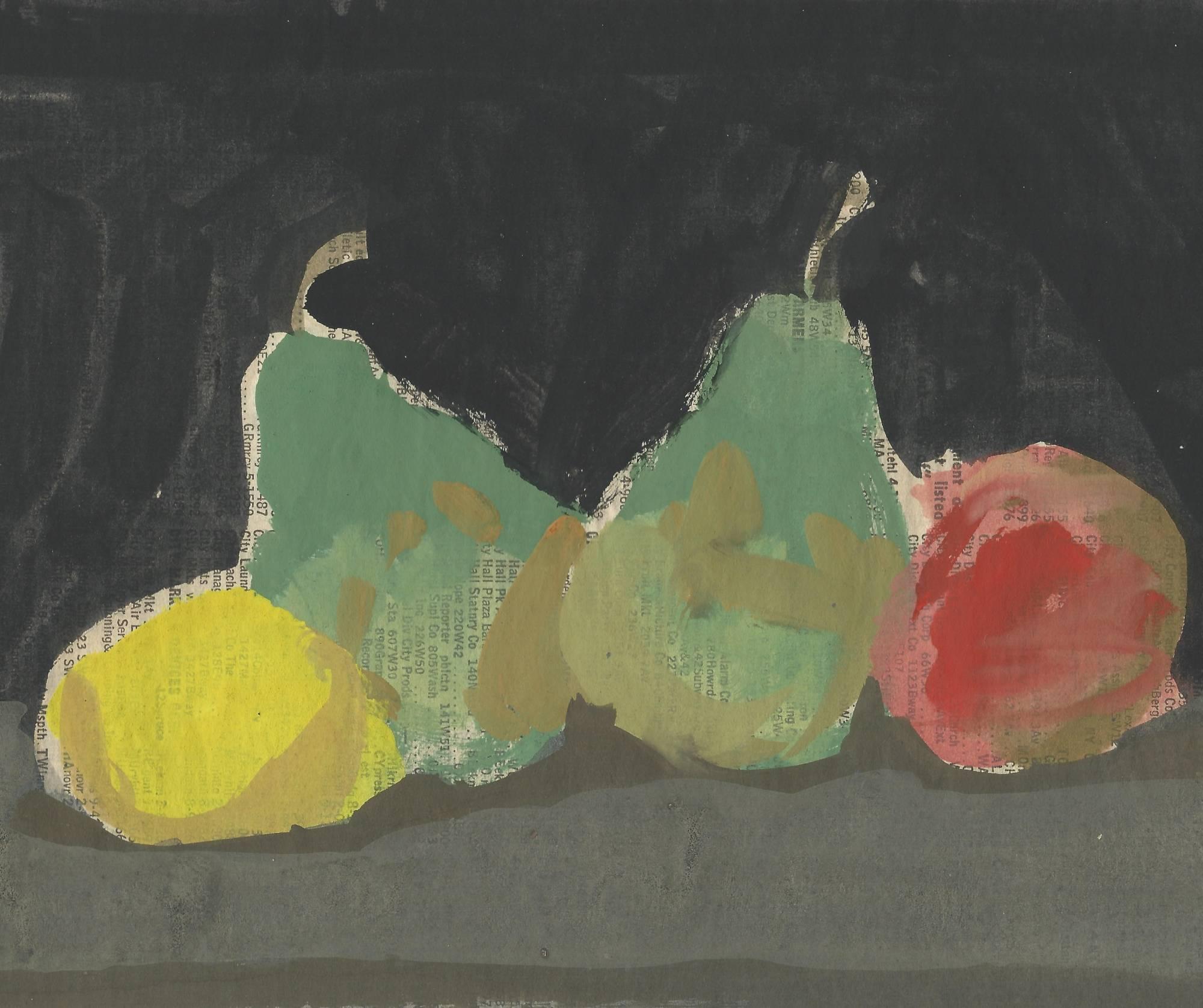 Lemon, Pears, and Apple on a Black Background - American Modern Art by Robert Kulicke