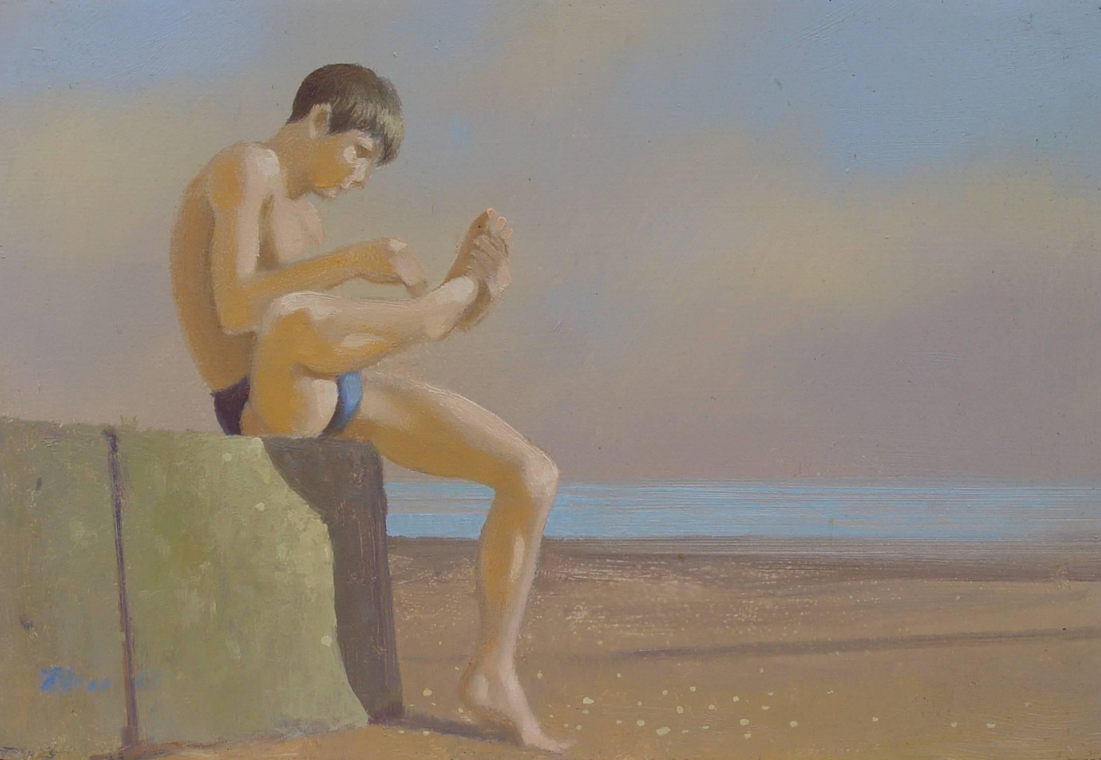 Boy on a Seawall - Painting by Robert Bliss