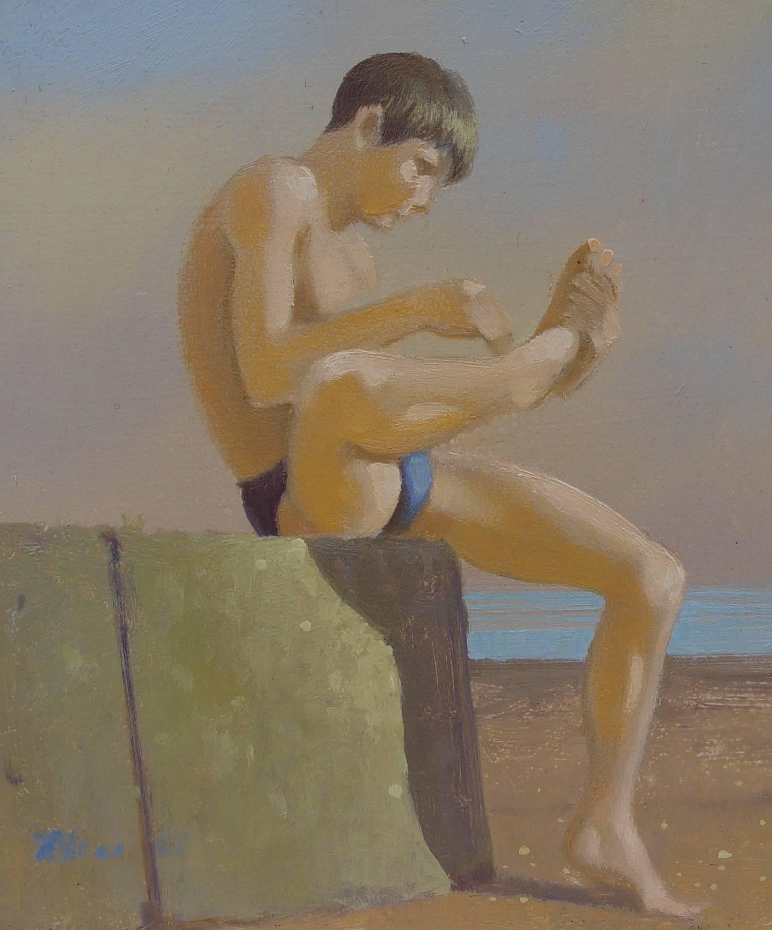 ROBERT BLISS (1925-1981) 
Junge auf einer Seemauer:: 1967 
Öl auf Masonit 
10 x 16 Zoll 
Signiert und datiert unten links: Bliss 67 

Robert Bliss wurde am 30. Oktober 1925 in Newton:: Massachusetts:: geboren. Er besuchte die Schule am Bowdoin