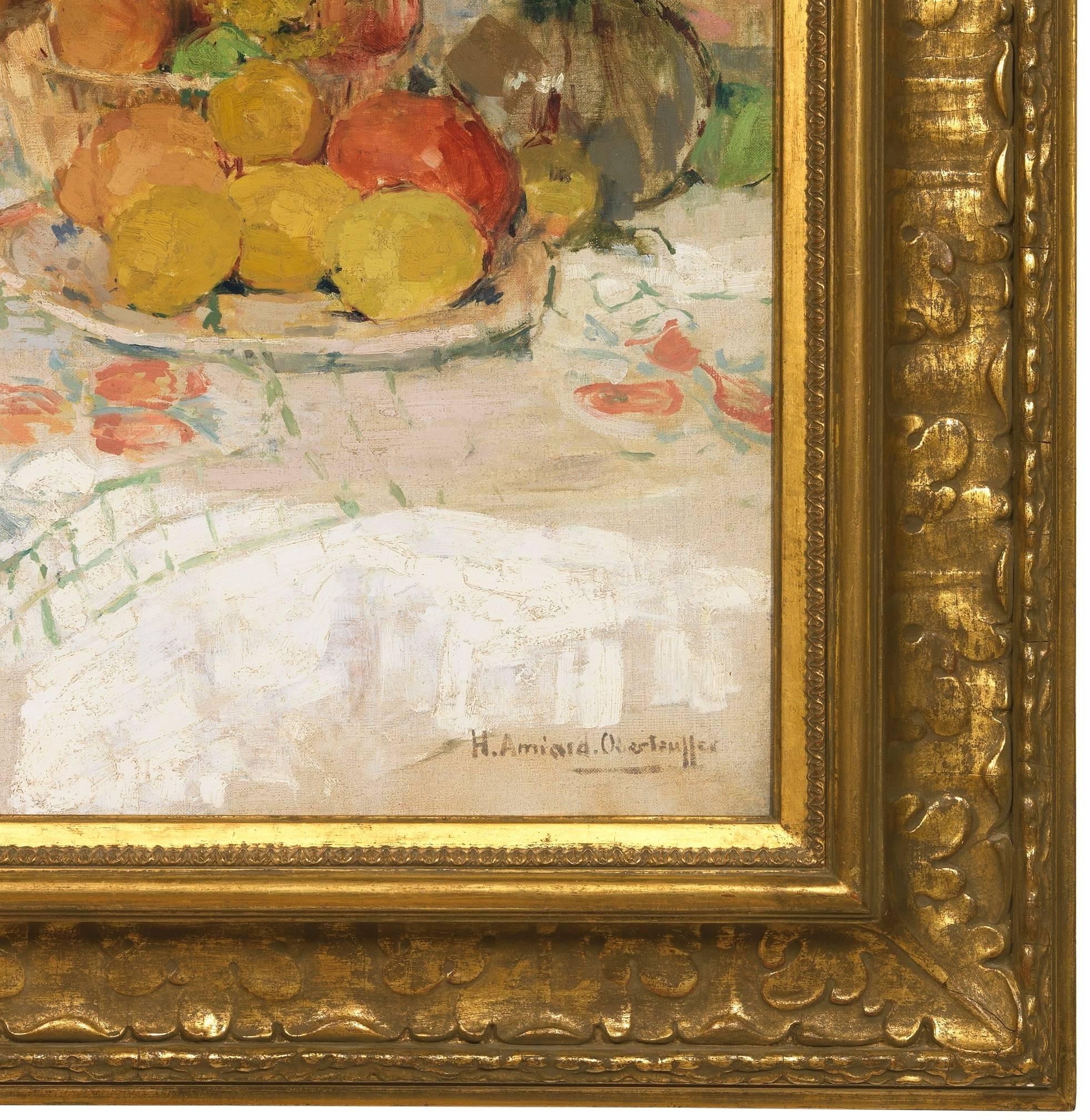 HENRIETTE AMIARD OBERTEUFFER (1878-1962)
Nature morte avec fruits et fleurs, s.d.
Huile sur toile
29 x 24 pouces
Signé en bas à droite :  H. Amiard. Oberteuffer
Période de référence

Henriette Amiard est née au Havre, en France, en 1878. Elle