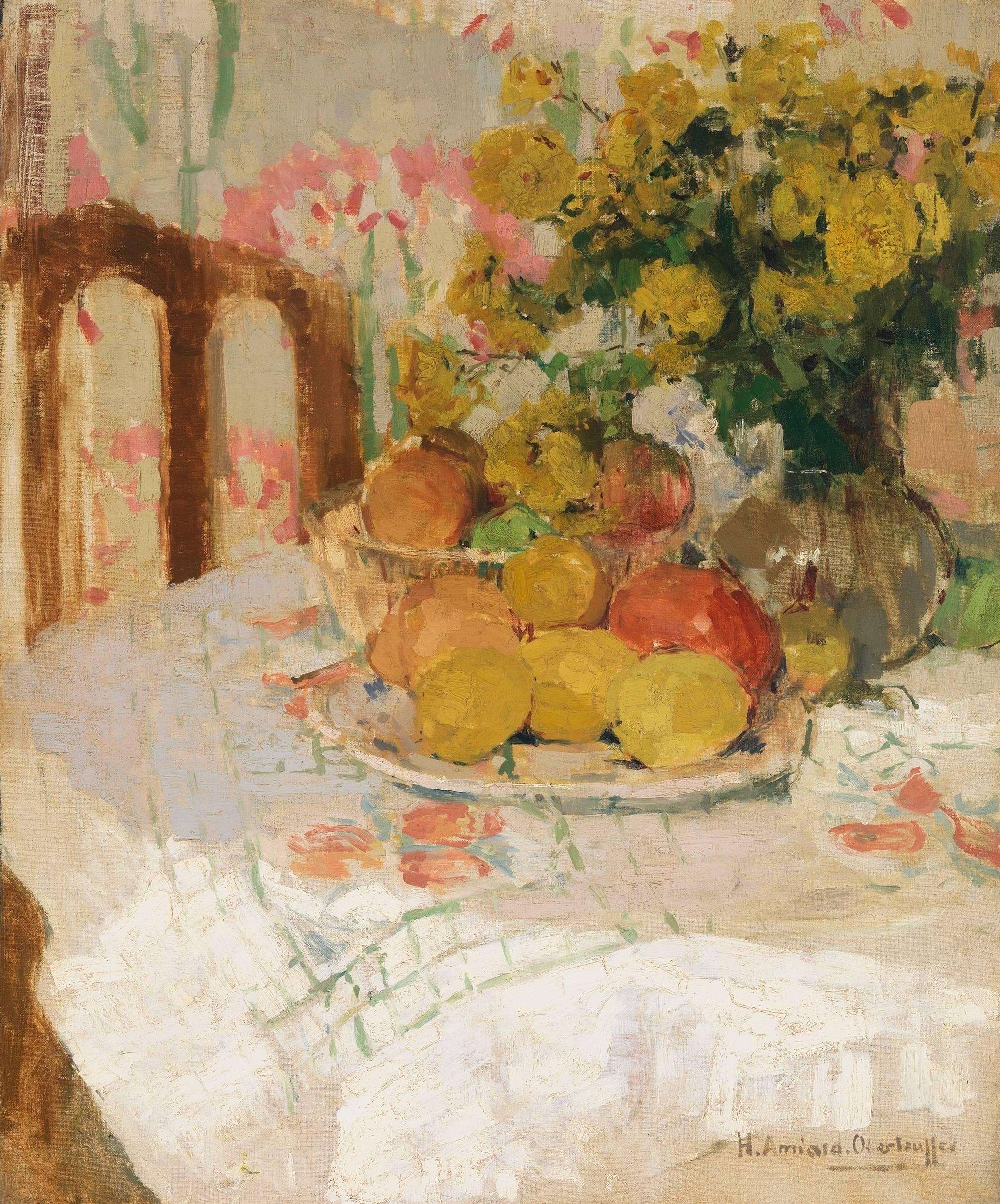 Nature morte avec fruits et fleurs - Impressionnisme américain Painting par Henriette Amiard Oberteuffer