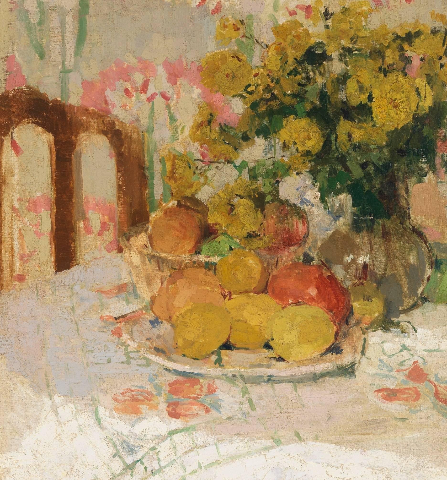 Nature morte avec fruits et fleurs - Marron Still-Life Painting par Henriette Amiard Oberteuffer
