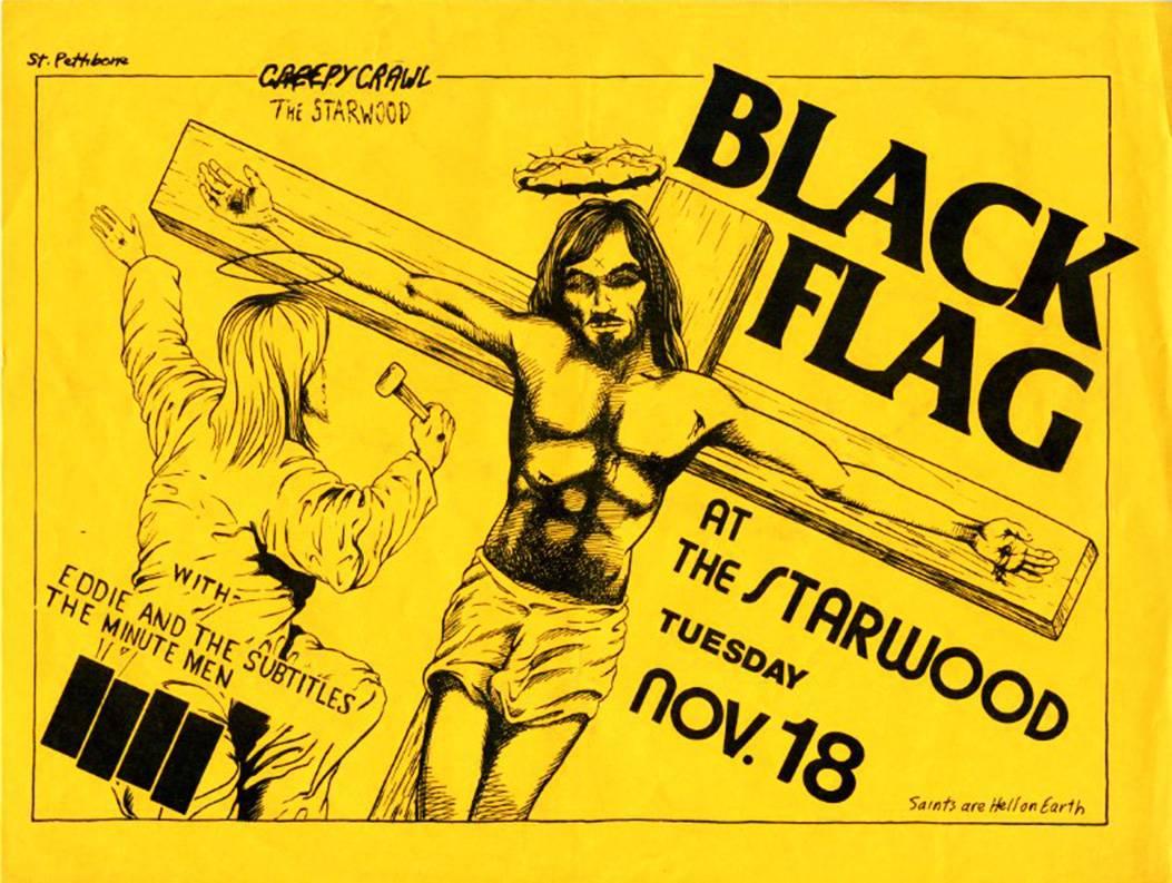 Raymond Pettibon
Black Flag at the Starwood, Nov. 18, 1980, black on yellow paper, from an edition of unknown, unsigned and unnumbered, offset- printed 

8 ½ x 11 inches (21.6 x 28 cm): Flyer / handbill for gig by Black Flag, Eddie and The