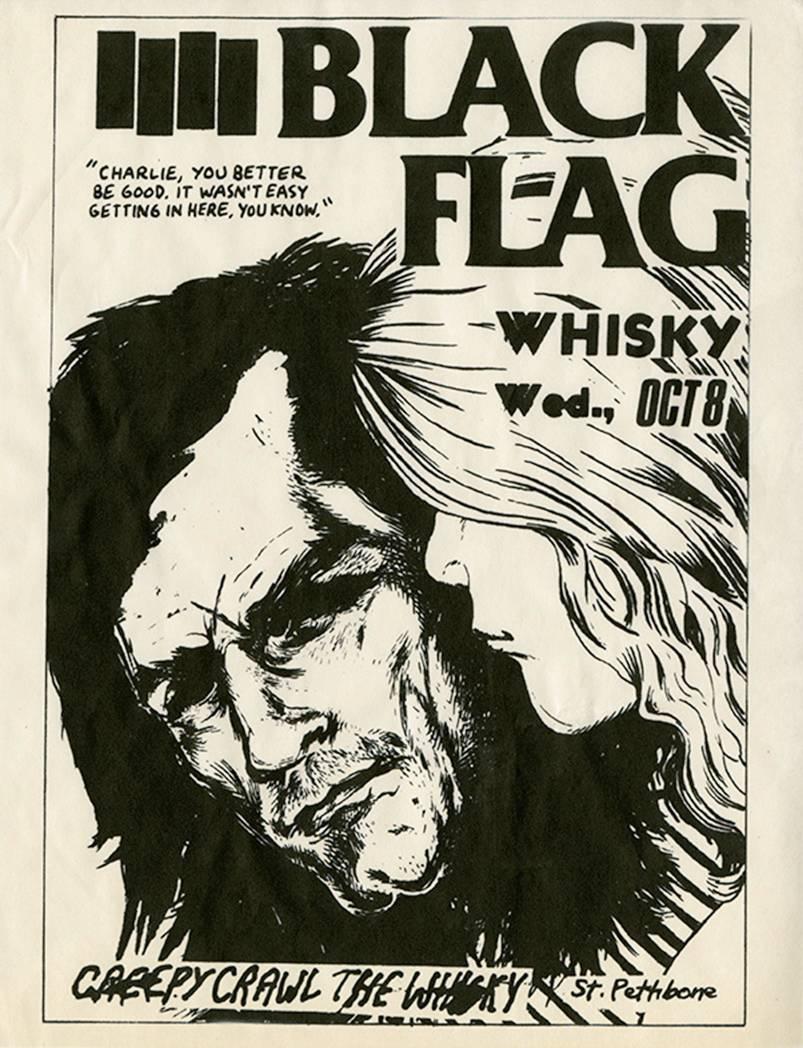 Raymond Pettibon
Black Flag and D.O.A. at The Whisky / Wed. Oct 8, 1980, Black & White, from an edition of unknown, unsigned and unnumbered. Offset-printed 8.5 x 11 inches / (28 x 21.6 cm). Flyer / handbill for gig by Black Flag and D.O.A.