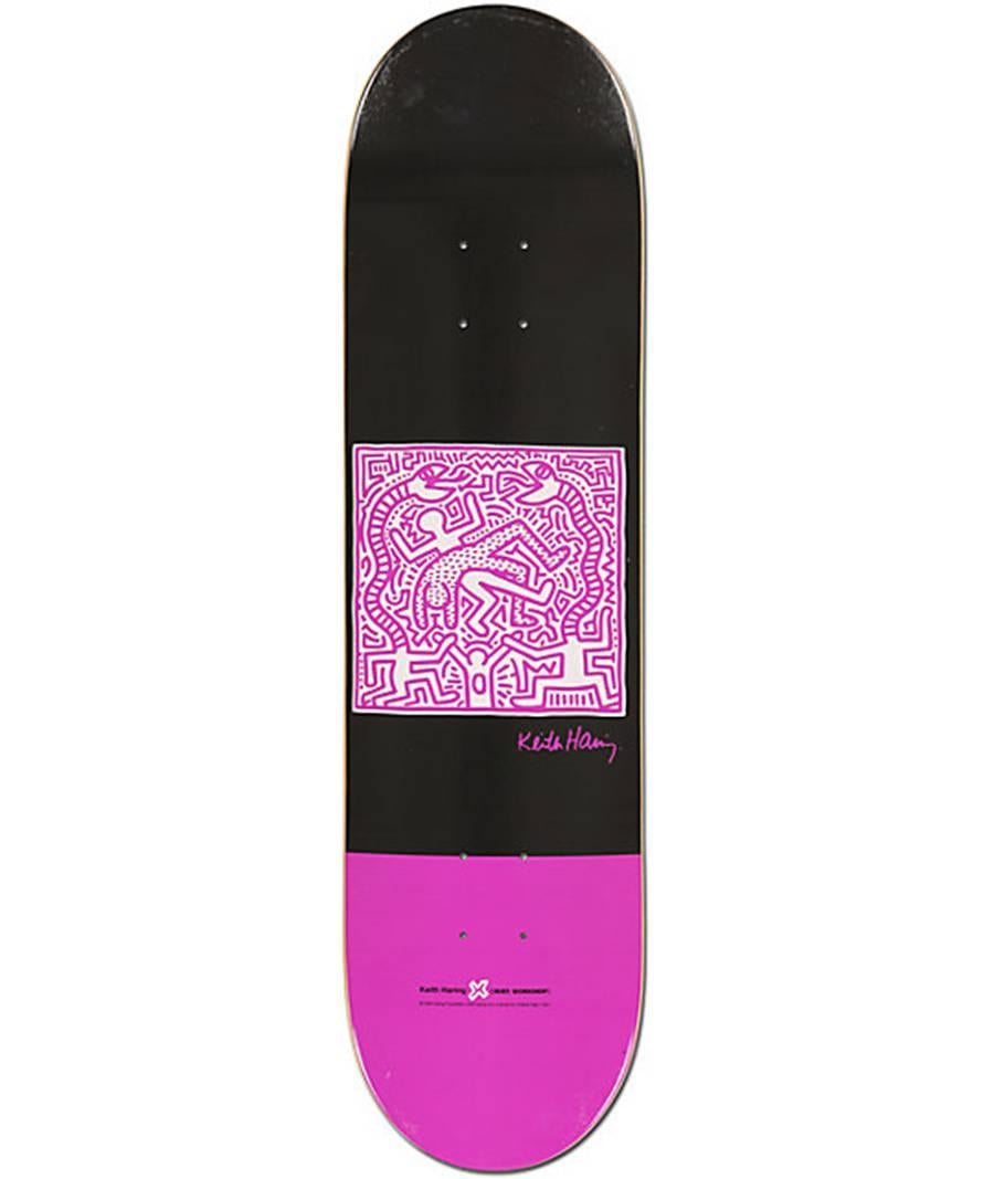 Rare Out of Print Keith Haring Skateboard Deck featuring iconic Haring imagery, set amidst a brilliant mix of colors.  This work originated circa 2013 as a result of the collaboration between Alien Workshop and the Keith Haring Foundation. 

The