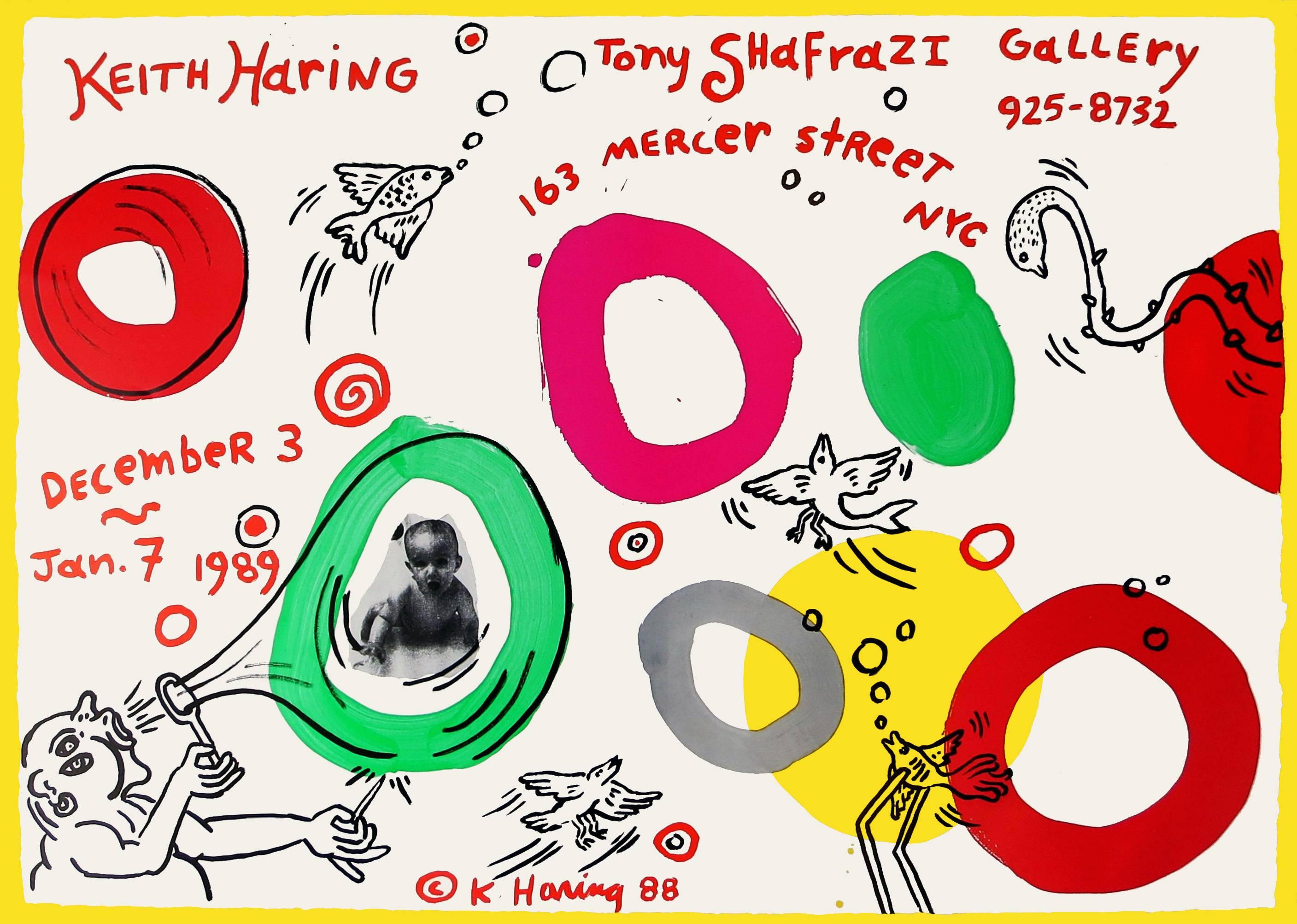 Rare exhibition poster for Keith Haring's show at Tony Shafrazi Gallery, New York, December 3rd 1988 - January 7th 1989. The composition includes a unique, one of a kind printed photo-collage of the artist as a baby, in a bubble about to burst