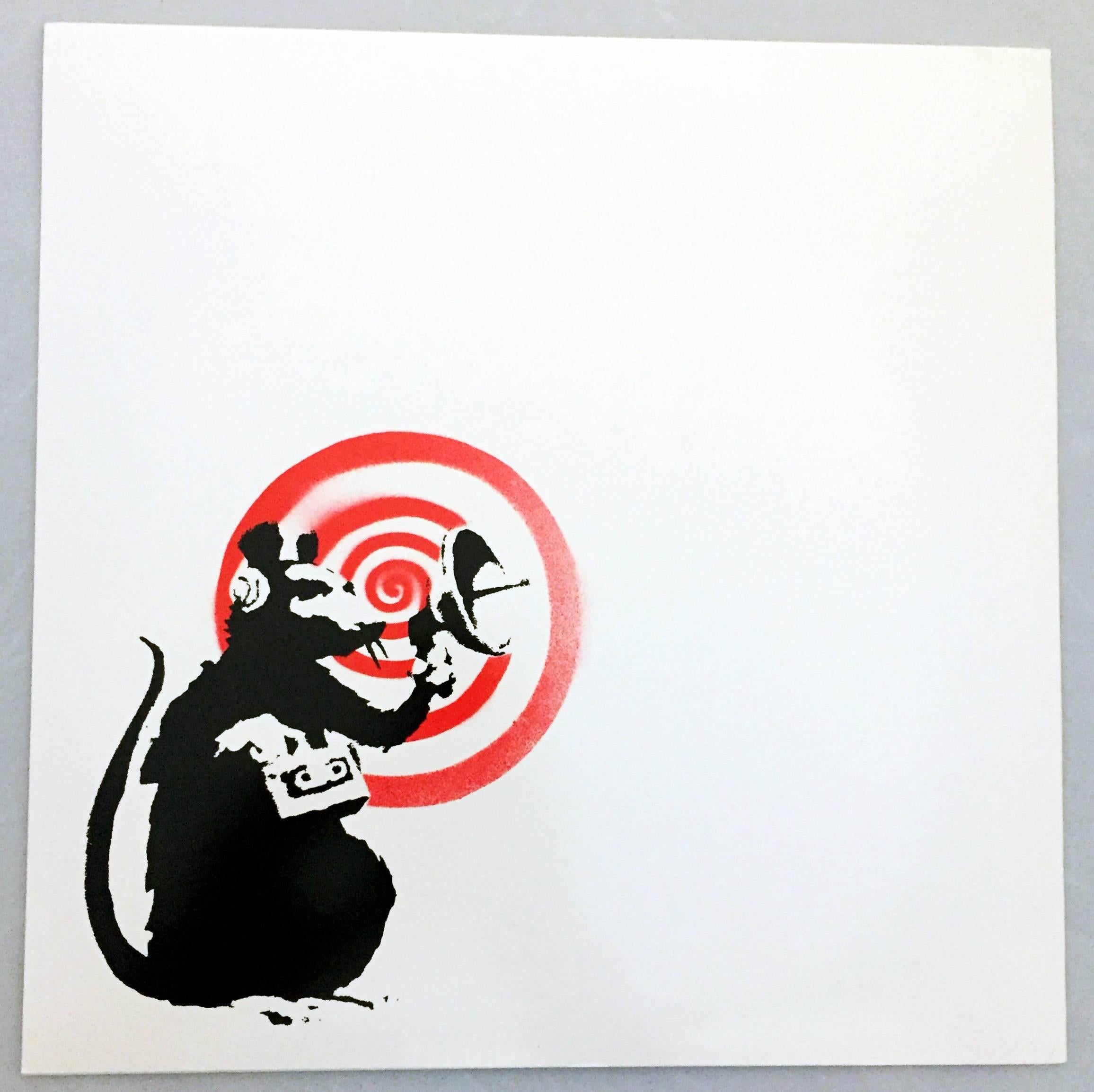 Banksy produced this cover &amp; record label art for his friends Dirty Funker in 2008. Featured here is Banksy's world renown Radar Rat

Silkscreen on Record Sleeve and Vinyl Record; 2008
Color: Red &amp; White
Dimensions: 12 x12 in (30 x 30