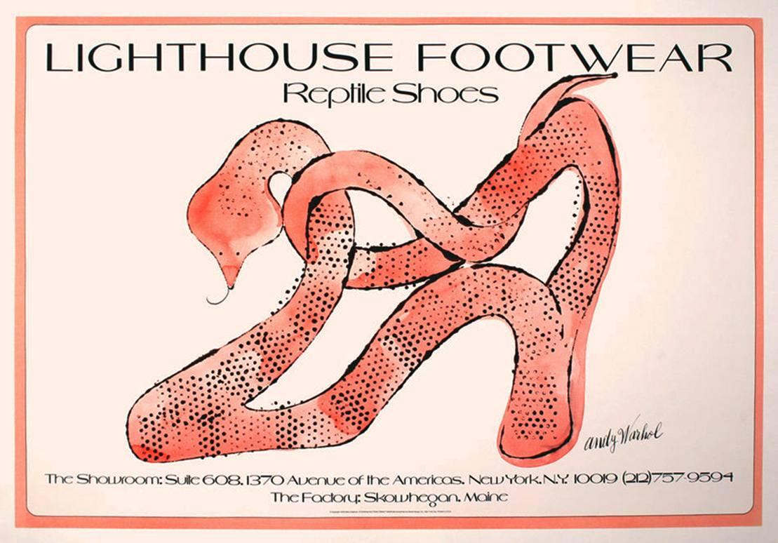 Original, vintage Warhol commissioned poster &quot;Lighthouse Footwear Reptile Shoes,&quot; Offset lithograph, New York, NY, 1979. A beautiful, simple, elegant &amp; well-sized original Warhol collectible priced well-within reach. 

The lighthouse