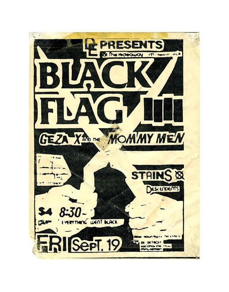 Raymond Pettibon 
Black Flag at the Hideaway; Sept. 19, 1980; Flyer / handbill for gig by Black Flag, Mommy Men, the Circle Jerks, Stains, and Descendents featuring original artwork by Raymond Pettibon; among the most striking early Pettibon punk