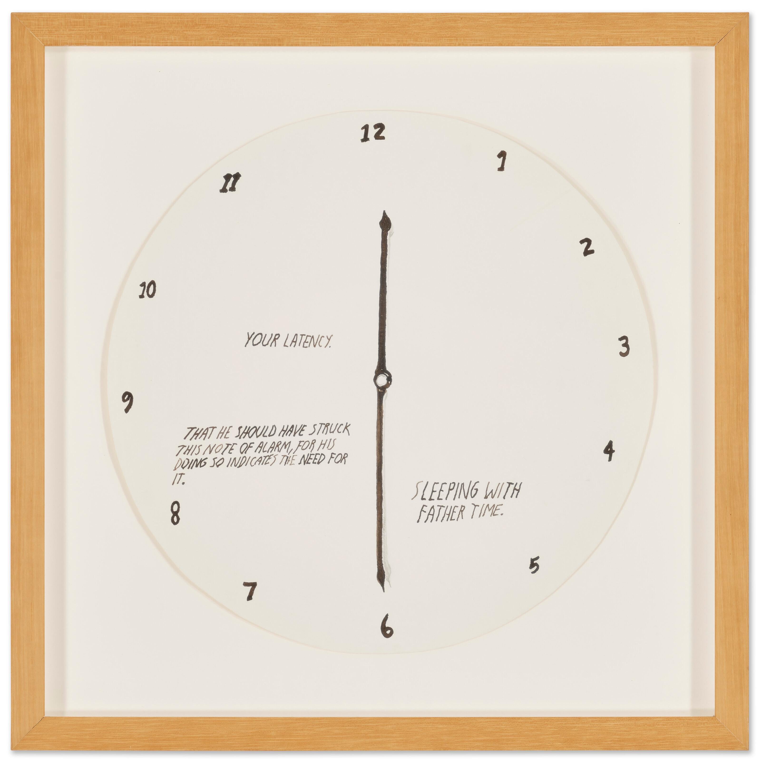 Raymond Pettibon (untitled) Clock drawing 1995:

Medium: ink and graphite on paper. 1995.
Dimensions: 121⁄4 x 12 7/8 inches (31 x 33 cm.)
Dimensions including frame: 16x16 inches.

Very good overall vintage condition; floated in a wood glass