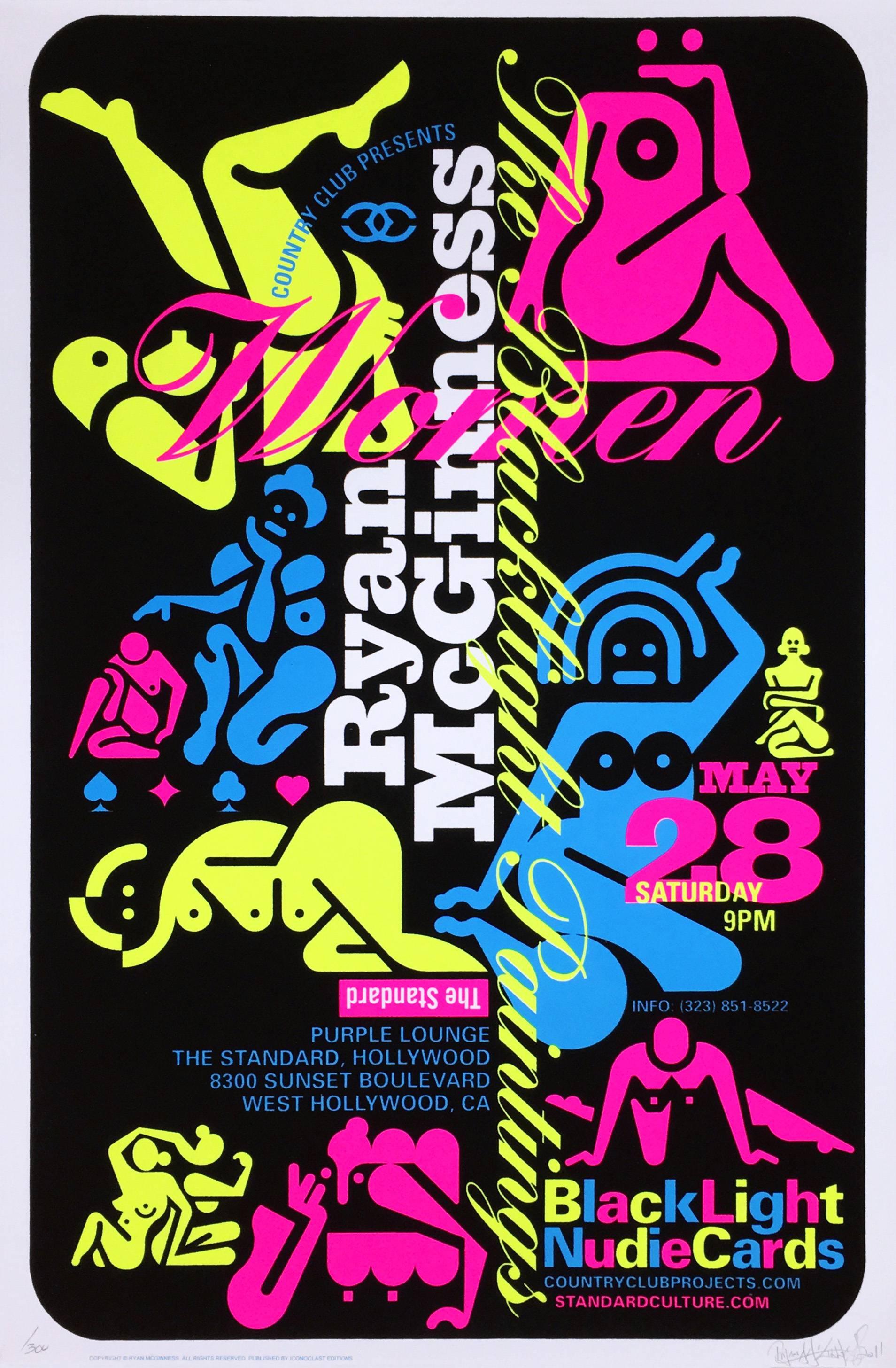 Ryan McGinness
Women: The Blacklight Paintings
Exhibit Poster: The Standard Hotel, Los Angeles, 2010

Screen-print with black flocking and fluorescent ink on paper
23 x 35 inches (58 x 89 cm)
Hand-signed from a limited edition of 300 (in