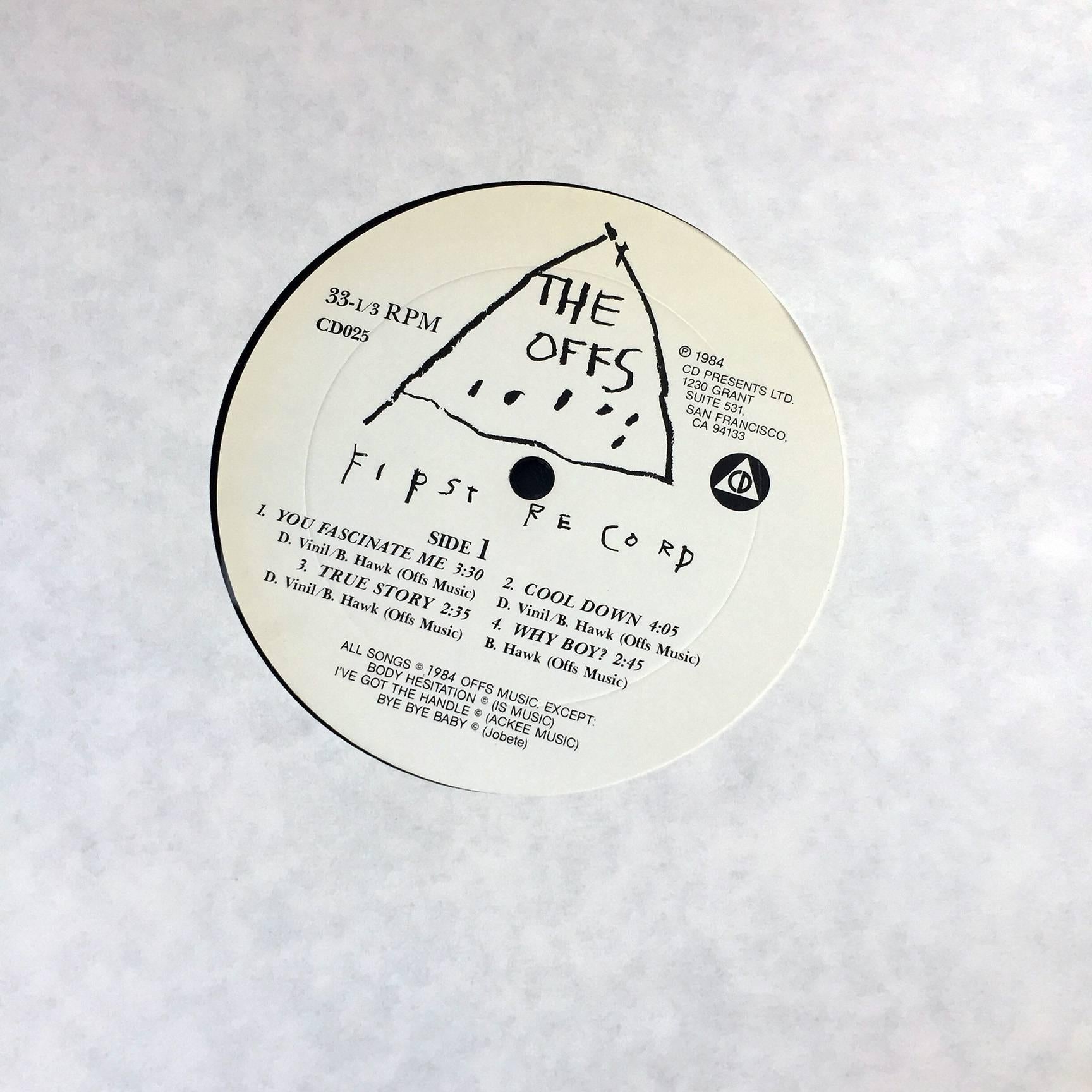 "The Offs: First Record" original first printing, 1984 featuring original offset artwork by Jean Michel Basquiat. This is from the original first edition, first printing/pressing produced during Basquiat's lifetime. Back cover displays