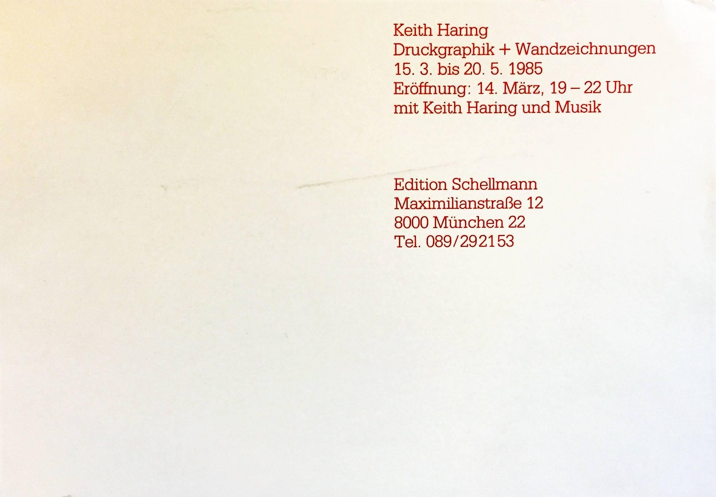 After Keith Haring, Vintage Gallery Poster Card Munich, 1985
The rare announcement and invitation for an early German exhibition of Keith Haring's work, and presence at the opening. 

Bold, unique Haring imagery that would look quite cool when