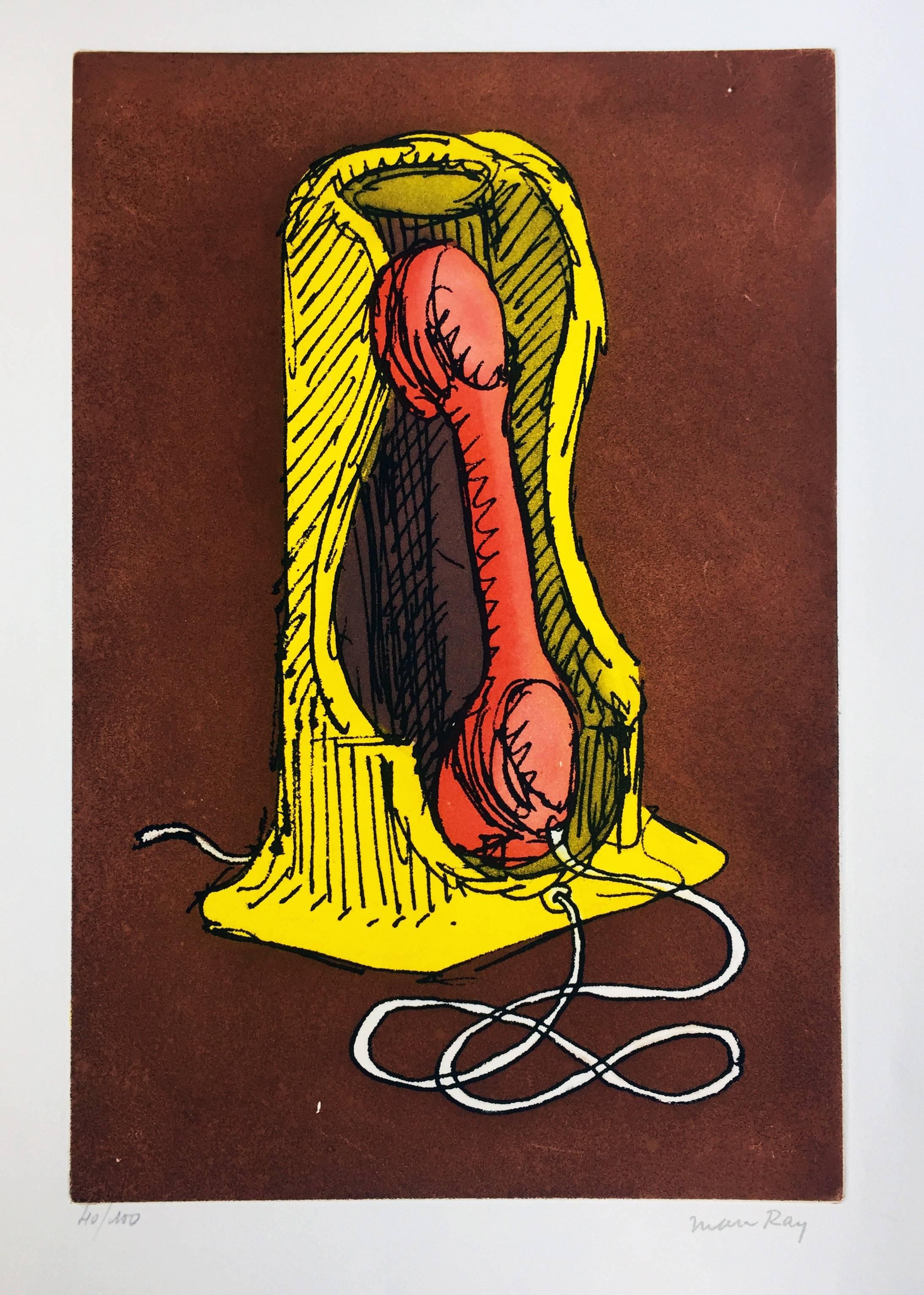 MAN RAY, Telephone, 1976

Etching with aquatint printed in colors on arches paper
13 x 20 inches
Edition of 100
Signed and numbered 40/100 in pencil 
Man Ray blind-stamp found below signature 
Published by Editions Sonet, 1976

Literature
Man Ray