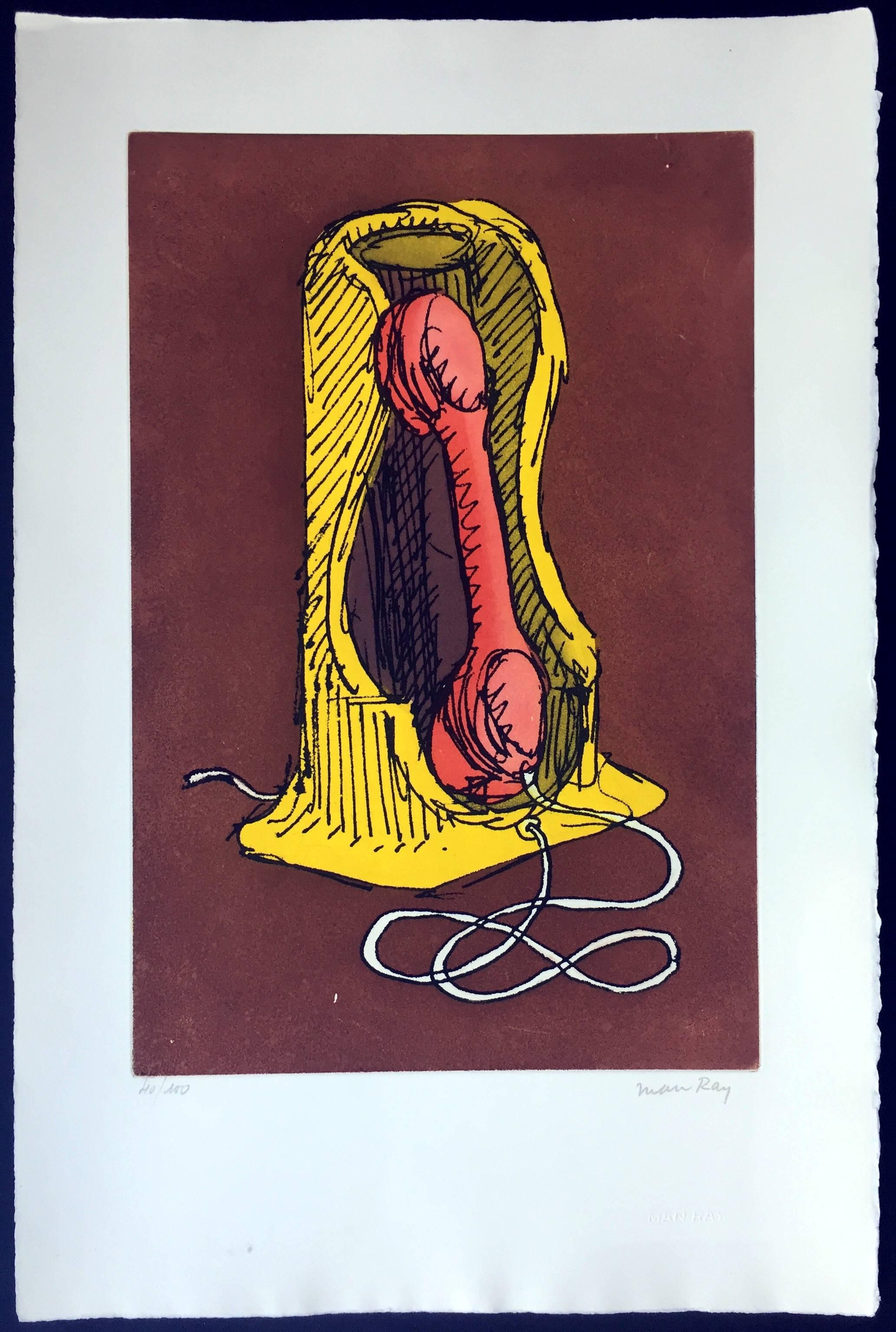 MAN RAY, Telephone, 1976

Etching with aquatint printed in colors on arches paper
13 x 20 inches
Edition of 100
Signed and numbered 40/100 in pencil 
Man Ray blind-stamp found below signature 
Published by Editions Sonet, 1976

Literature
Man Ray