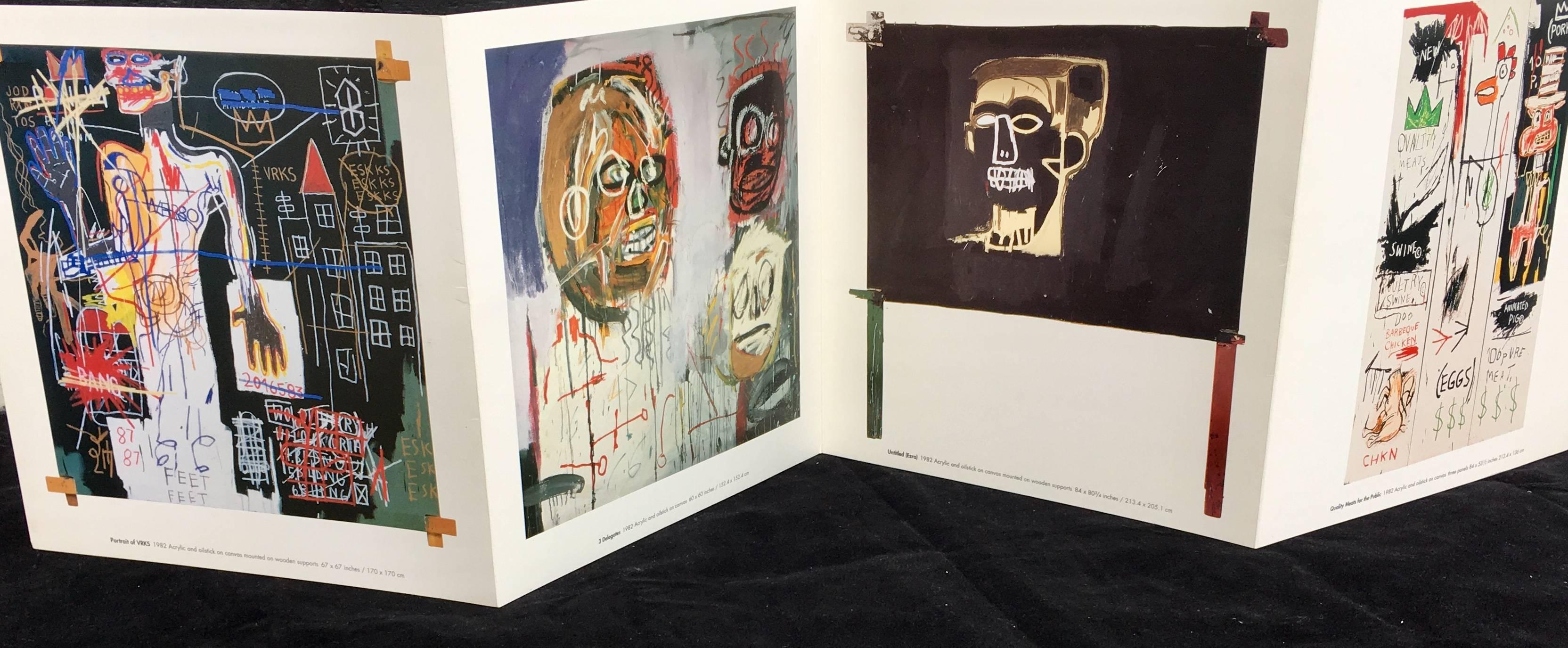 Jean-Michel Basquiat at Tony Shafrazi Gallery, New York: October 1 to November 13, 1999: vintage original poster/show card   

8.5 x 8.5 inches opening accordion to style to feature four double-sided panels featuring reproductions of 7 Basquiat