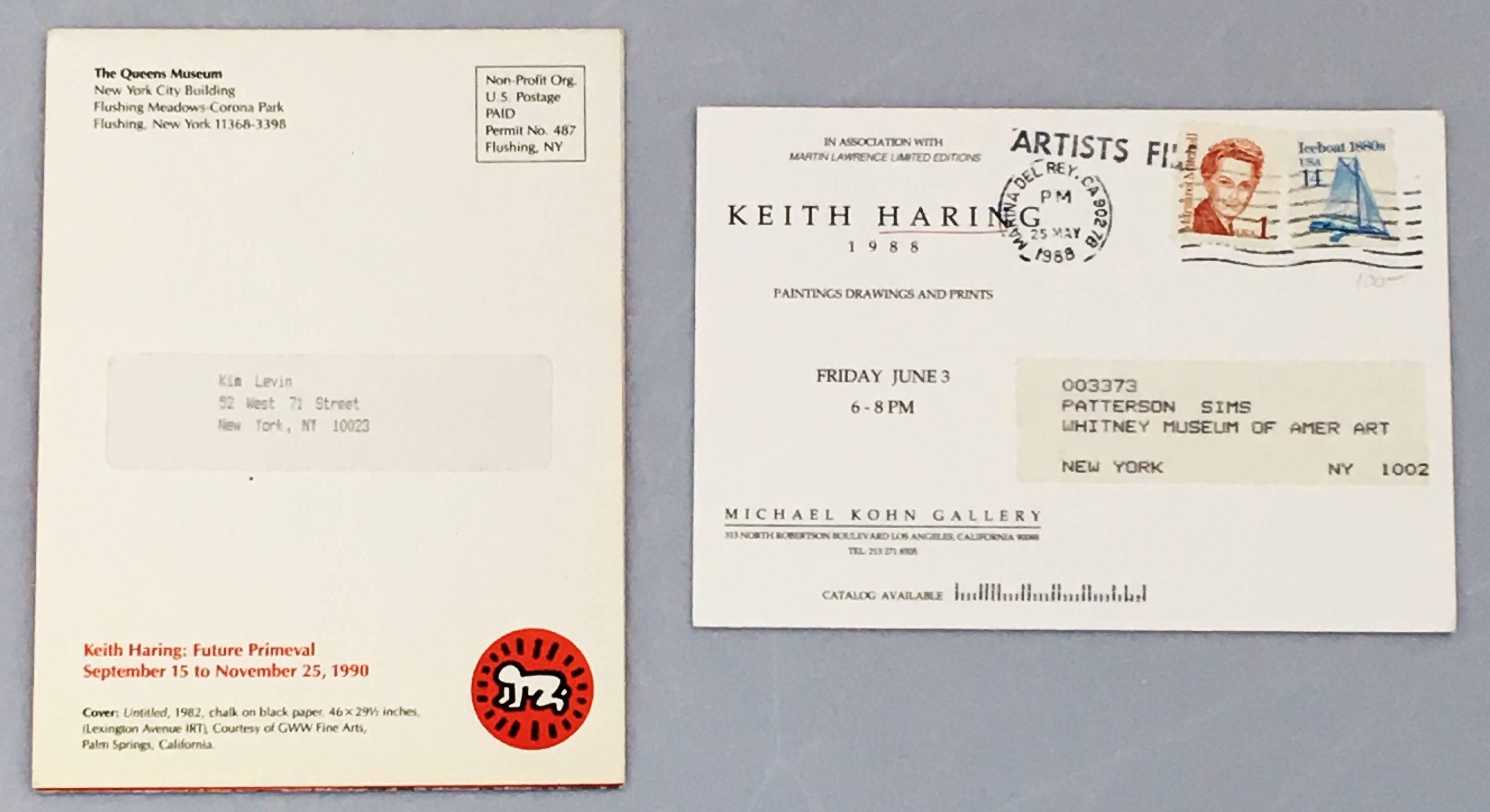 A brilliant set of two vintage Keith Haring illustrated announcement cards for the exhibitions:

Keith Haring Future Primeval at the Queens Museum, New York, 1990

Keith Haring at Michael Kohn Gallery, Los Angeles, 1988

Offset print on